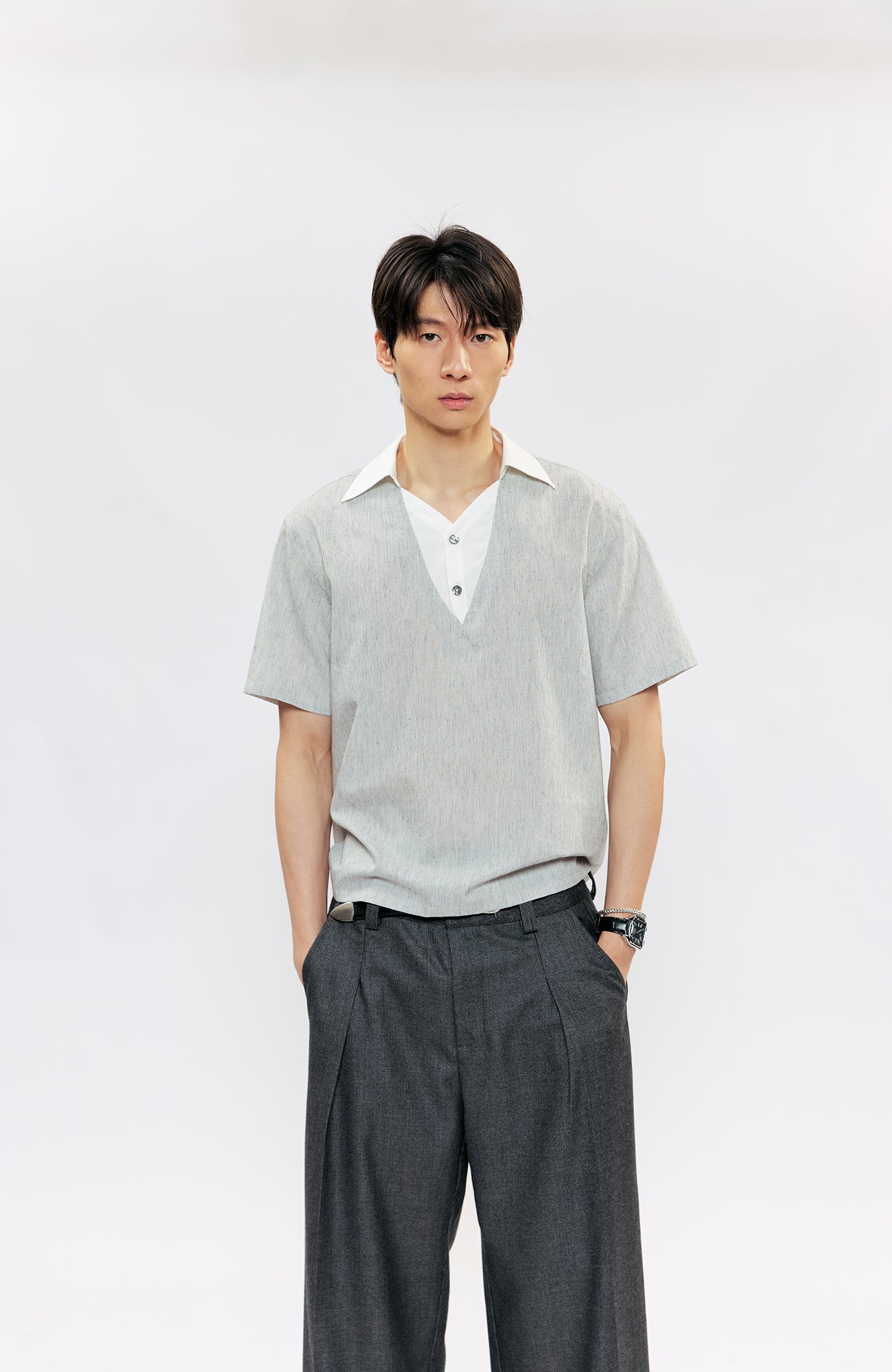 KREATE Layered V-Neck Collared T-Shirt-T Shirt-S (Preorder)-Free Shipping Leatheretro