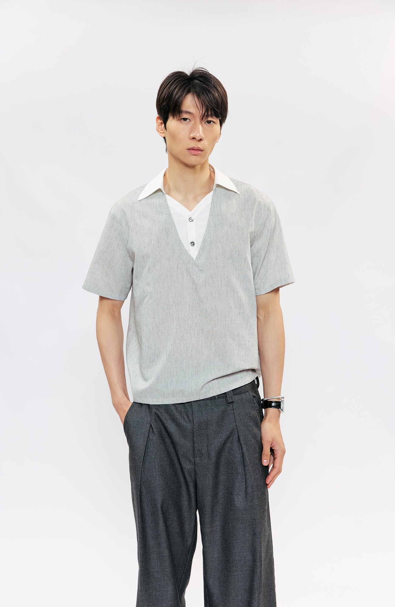 KREATE Layered V-Neck Collared T-Shirt-T Shirt-S (Preorder)-Free Shipping Leatheretro