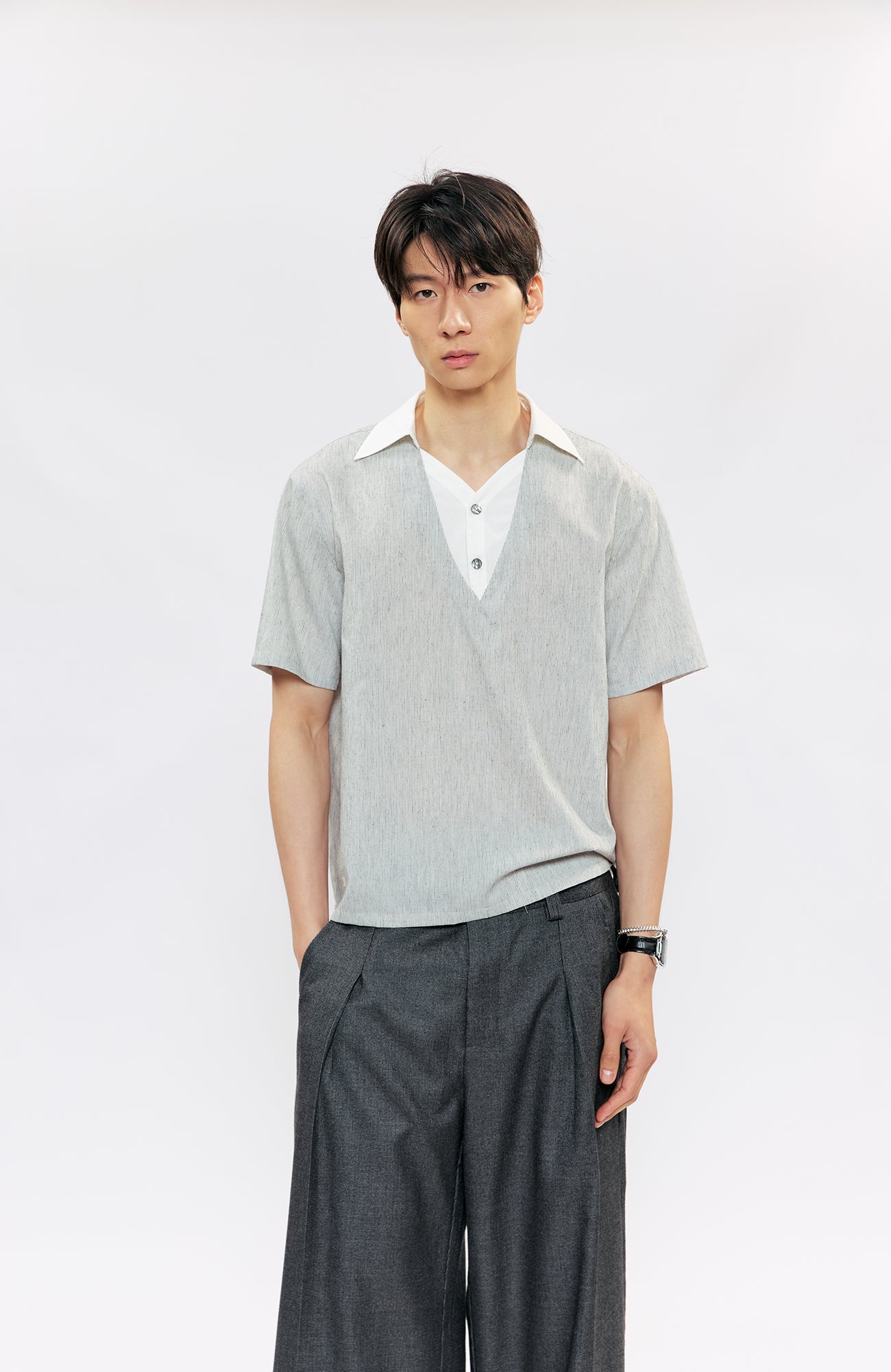 KREATE Layered V-Neck Collared T-Shirt-T Shirt-S (Preorder)-Free Shipping Leatheretro