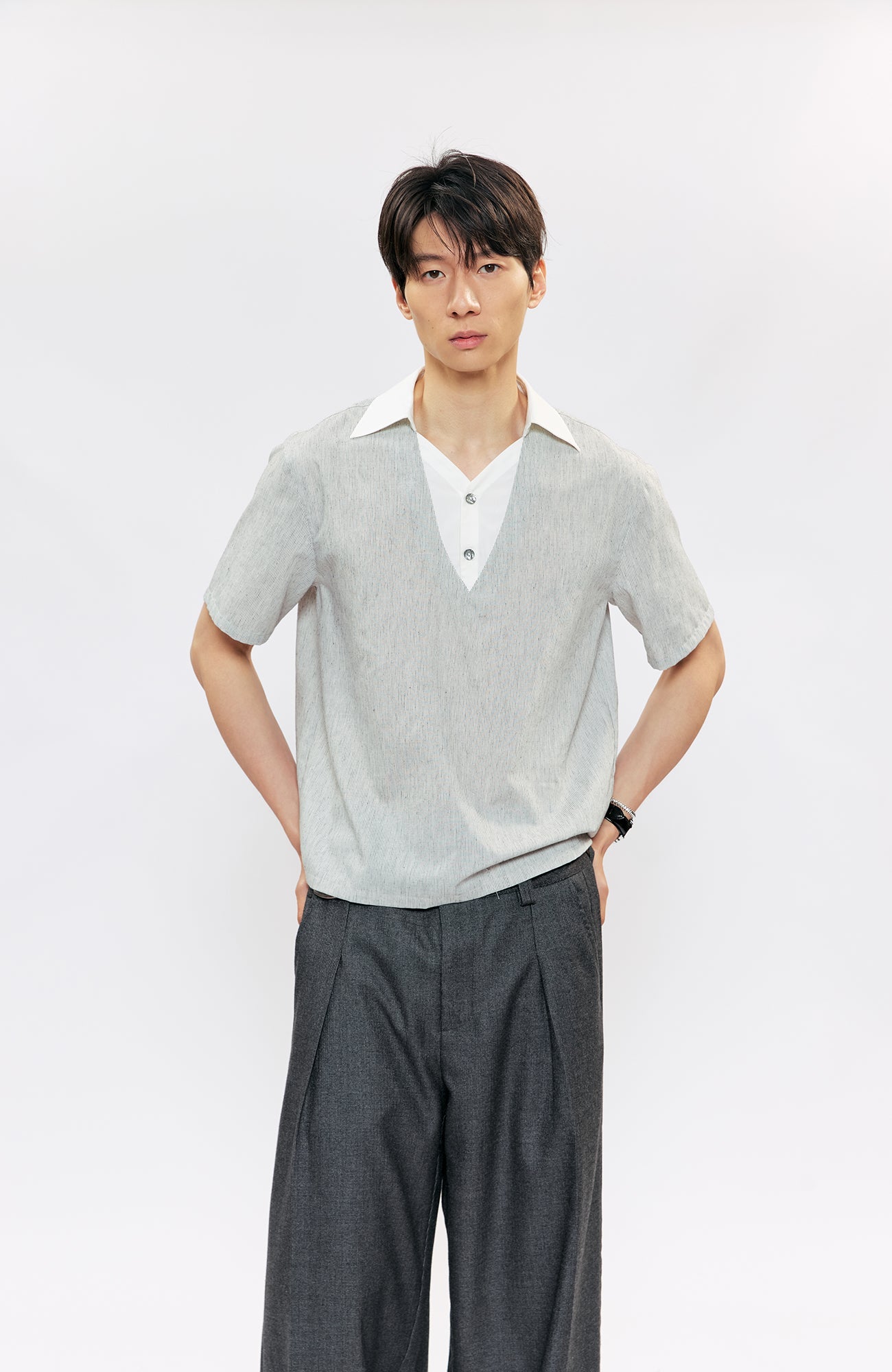 KREATE Layered V-Neck Collared T-Shirt-T Shirt-S (Preorder)-Free Shipping Leatheretro