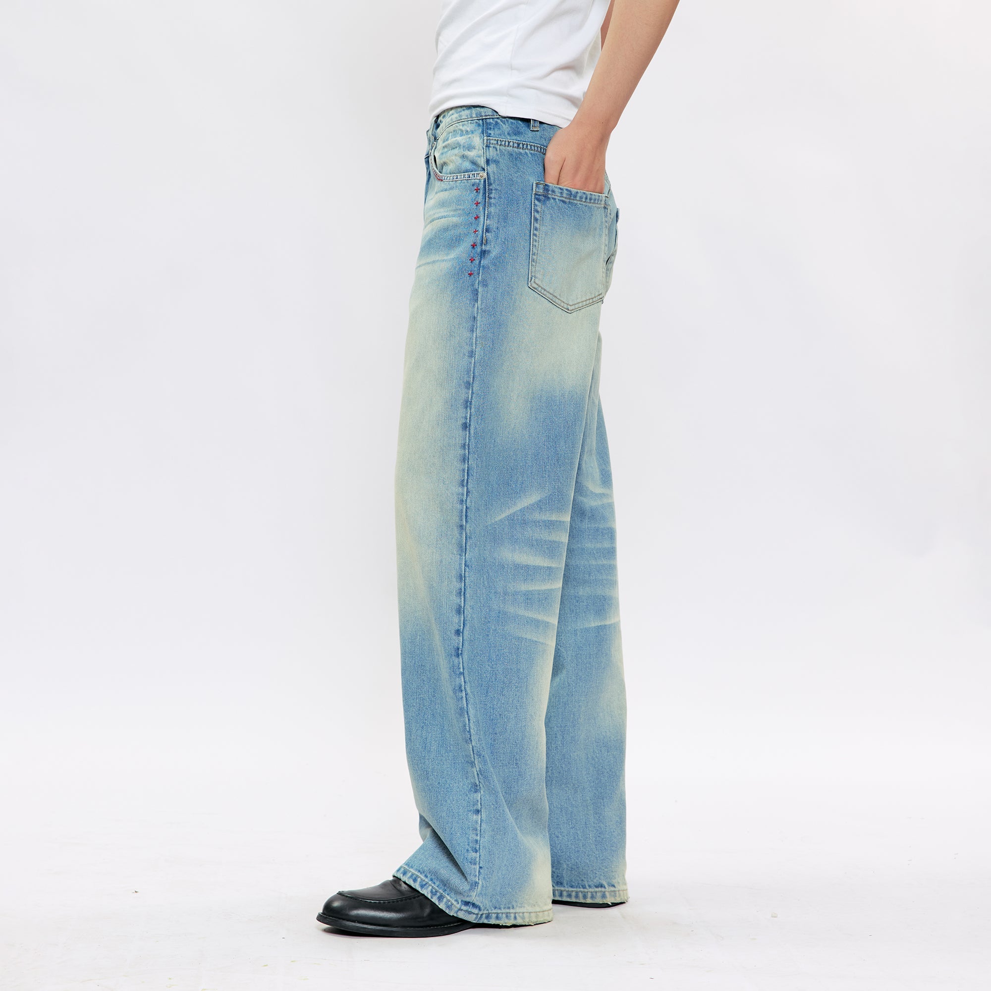 KREATE KREATE Cross-Stitch Wide-Leg Washed Jeans-Jeans-S (Preorder)-Free Shipping Leatheretro