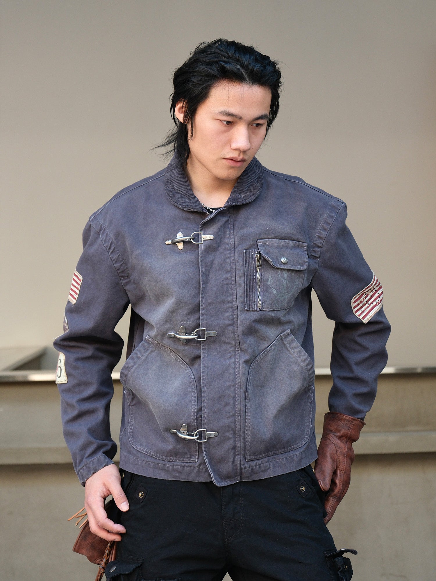 NEIGBORL Distressed Flight-Buckle Workwear Jacket-Jacket-S-Blue-Free Shipping Leatheretro