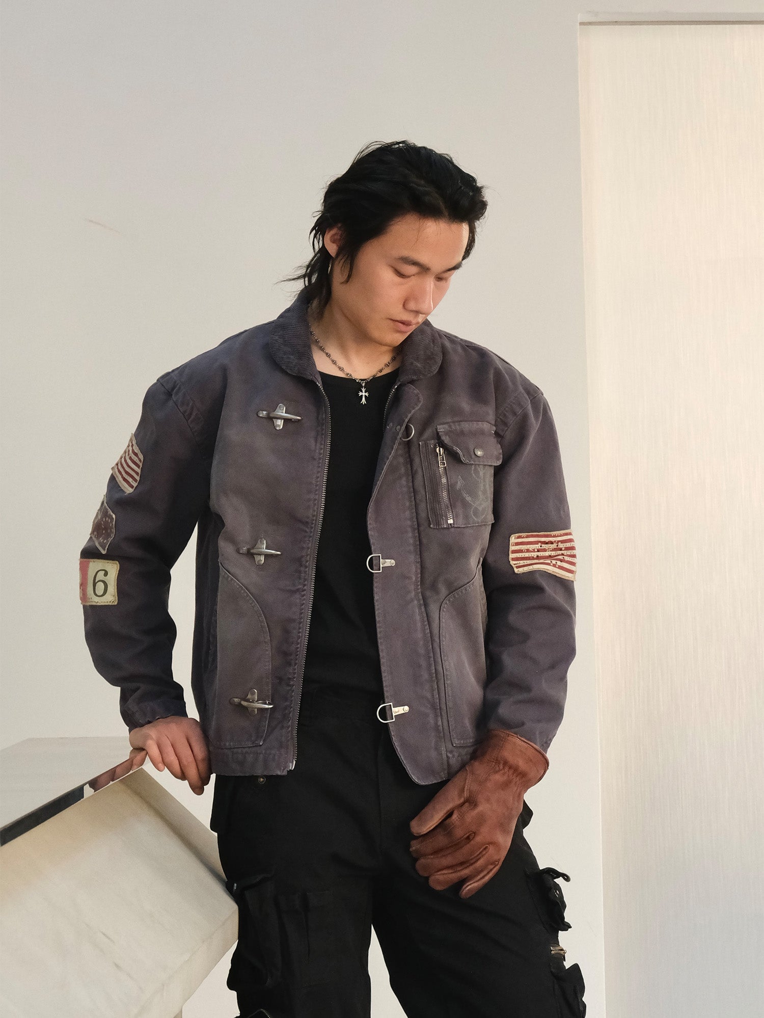 NEIGBORL Distressed Flight-Buckle Workwear Jacket-Jacket-S-Blue-Free Shipping Leatheretro