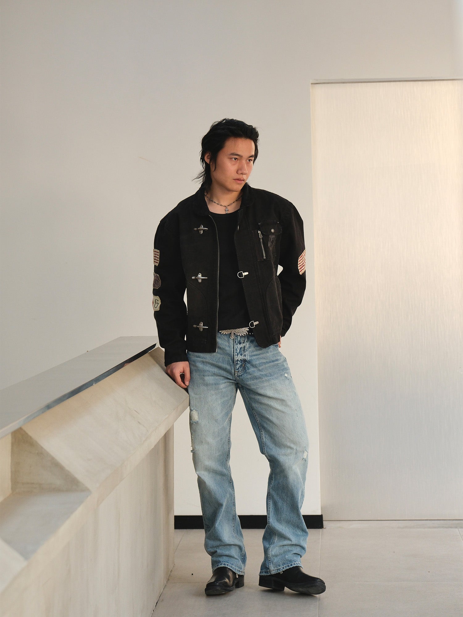 NEIGBORL Distressed Flight-Buckle Workwear Jacket-Jacket-S-Blue-Free Shipping Leatheretro