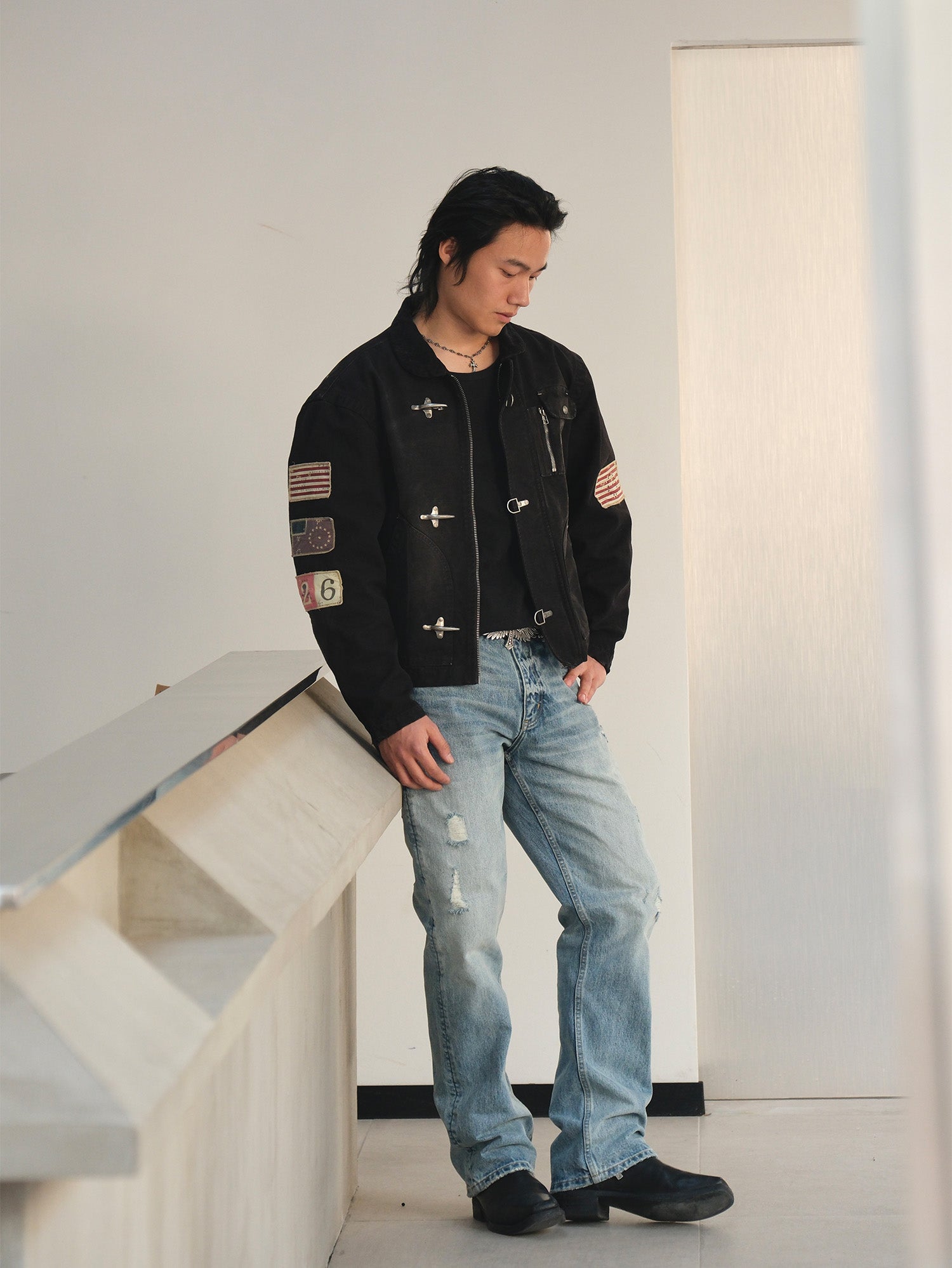 NEIGBORL Distressed Flight-Buckle Workwear Jacket-Jacket-S-Blue-Free Shipping Leatheretro