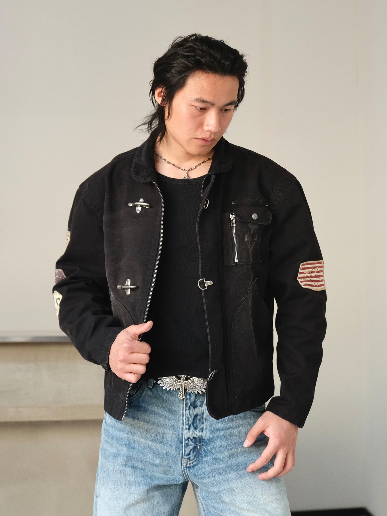 NEIGBORL Distressed Flight-Buckle Workwear Jacket-Jacket-S-Blue-Free Shipping Leatheretro