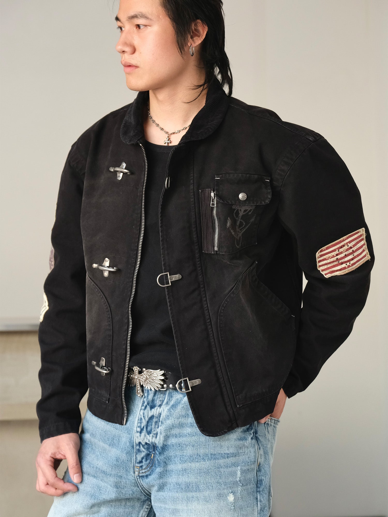 NEIGBORL Distressed Flight-Buckle Workwear Jacket-Jacket-S-Blue-Free Shipping Leatheretro