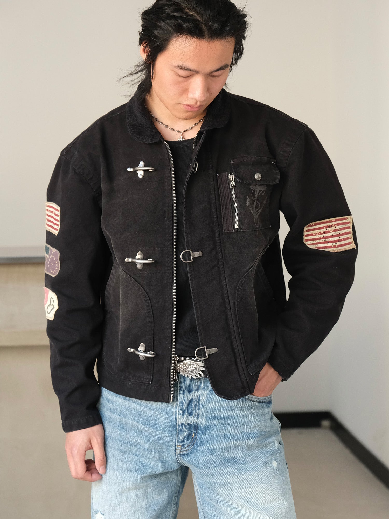 NEIGBORL Distressed Flight-Buckle Workwear Jacket-Jacket-S-Blue-Free Shipping Leatheretro