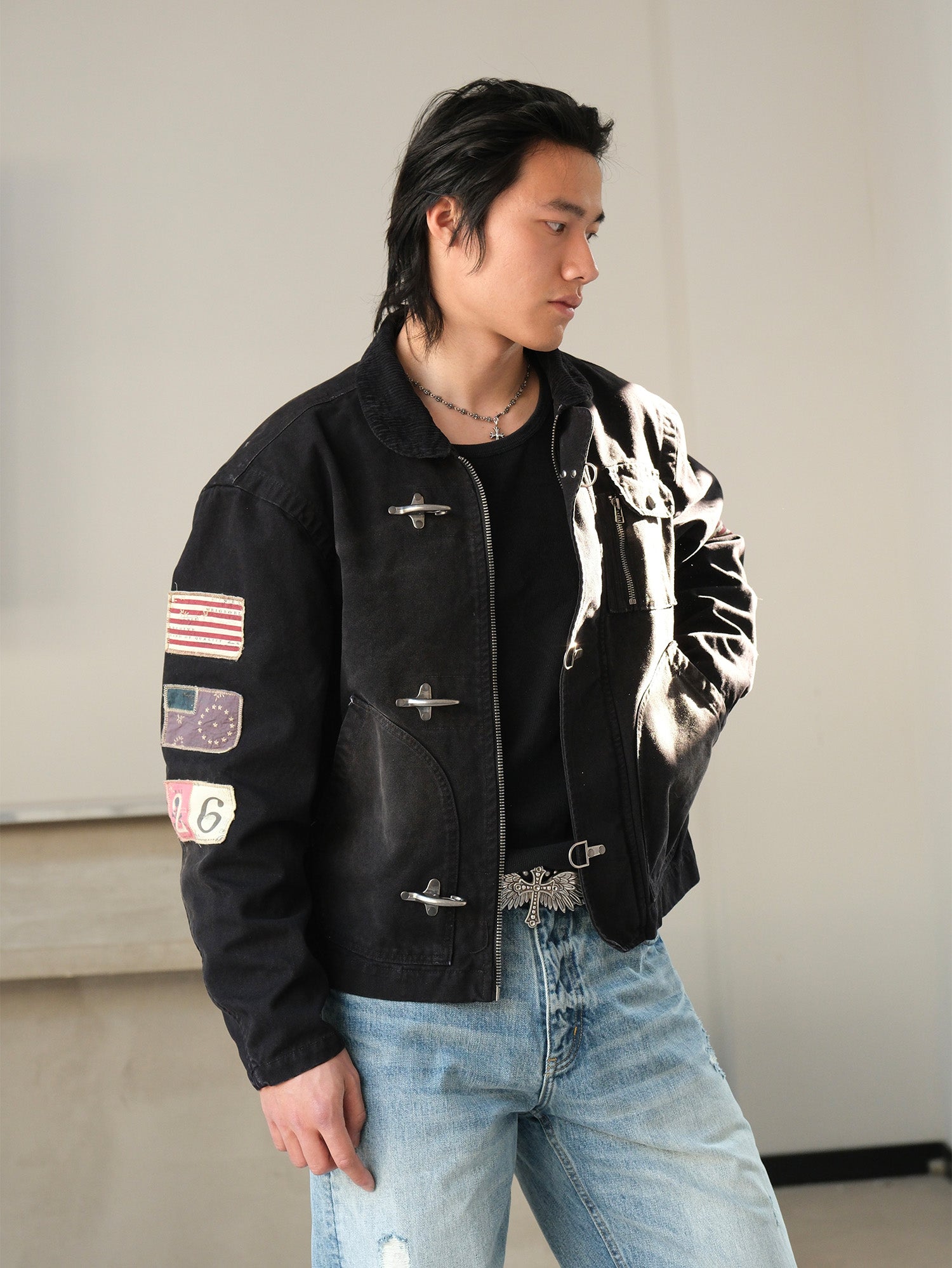 NEIGBORL Distressed Flight-Buckle Workwear Jacket-Jacket-S-Blue-Free Shipping Leatheretro
