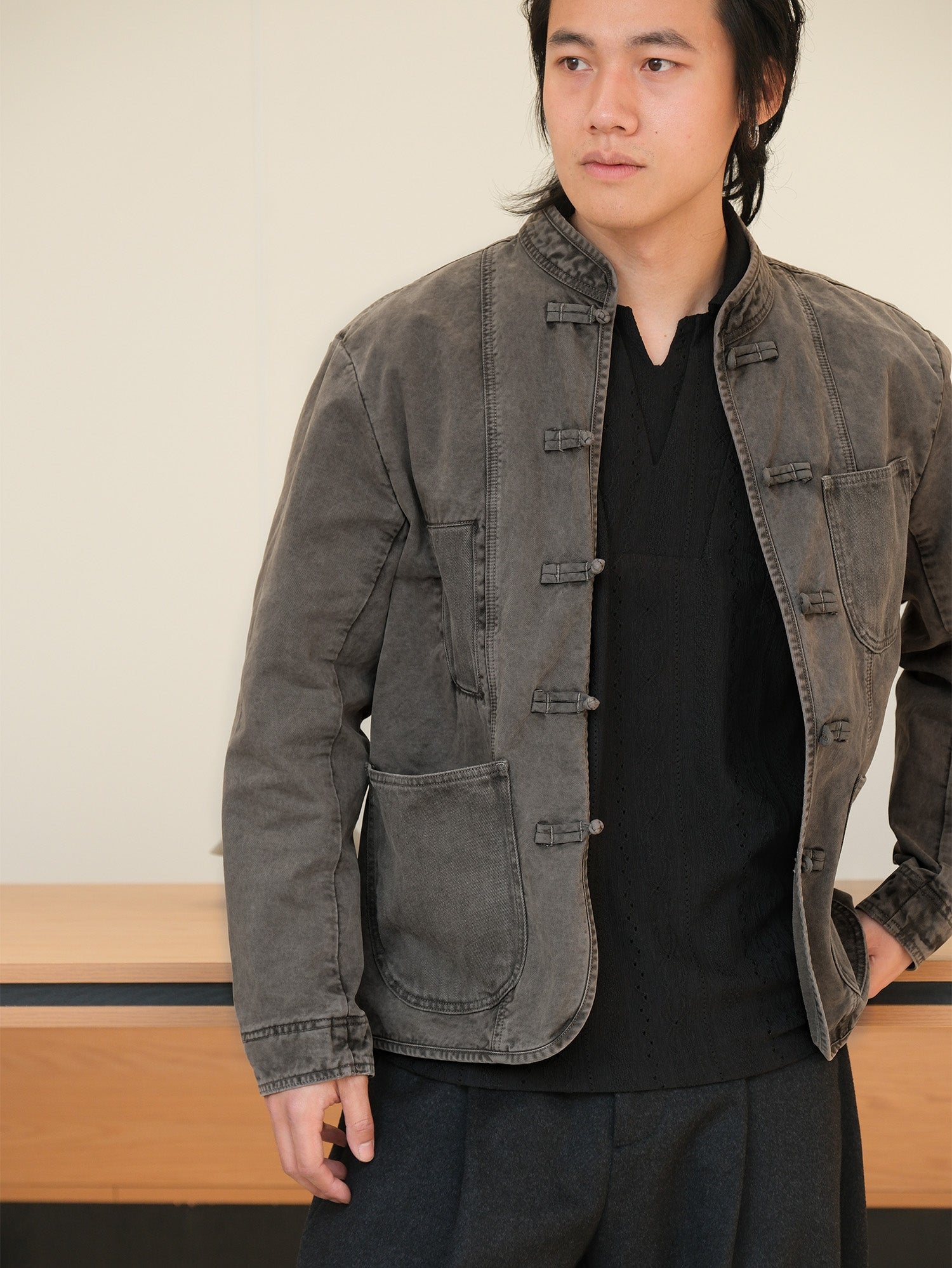NEIGBORL Washed Frog-Closure Stand-Collar Jacket-Jacket-M-Dark Gray-Free Shipping Leatheretro