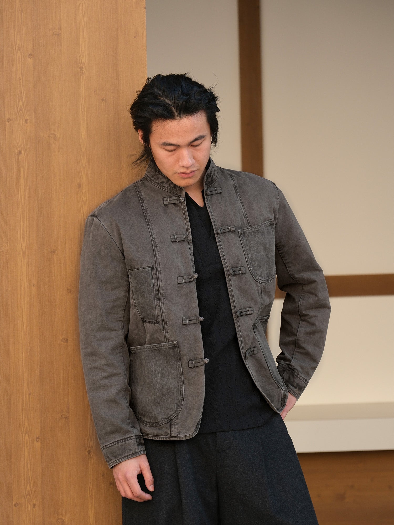 NEIGBORL Washed Frog-Closure Stand-Collar Jacket-Jacket-M-Dark Gray-Free Shipping Leatheretro