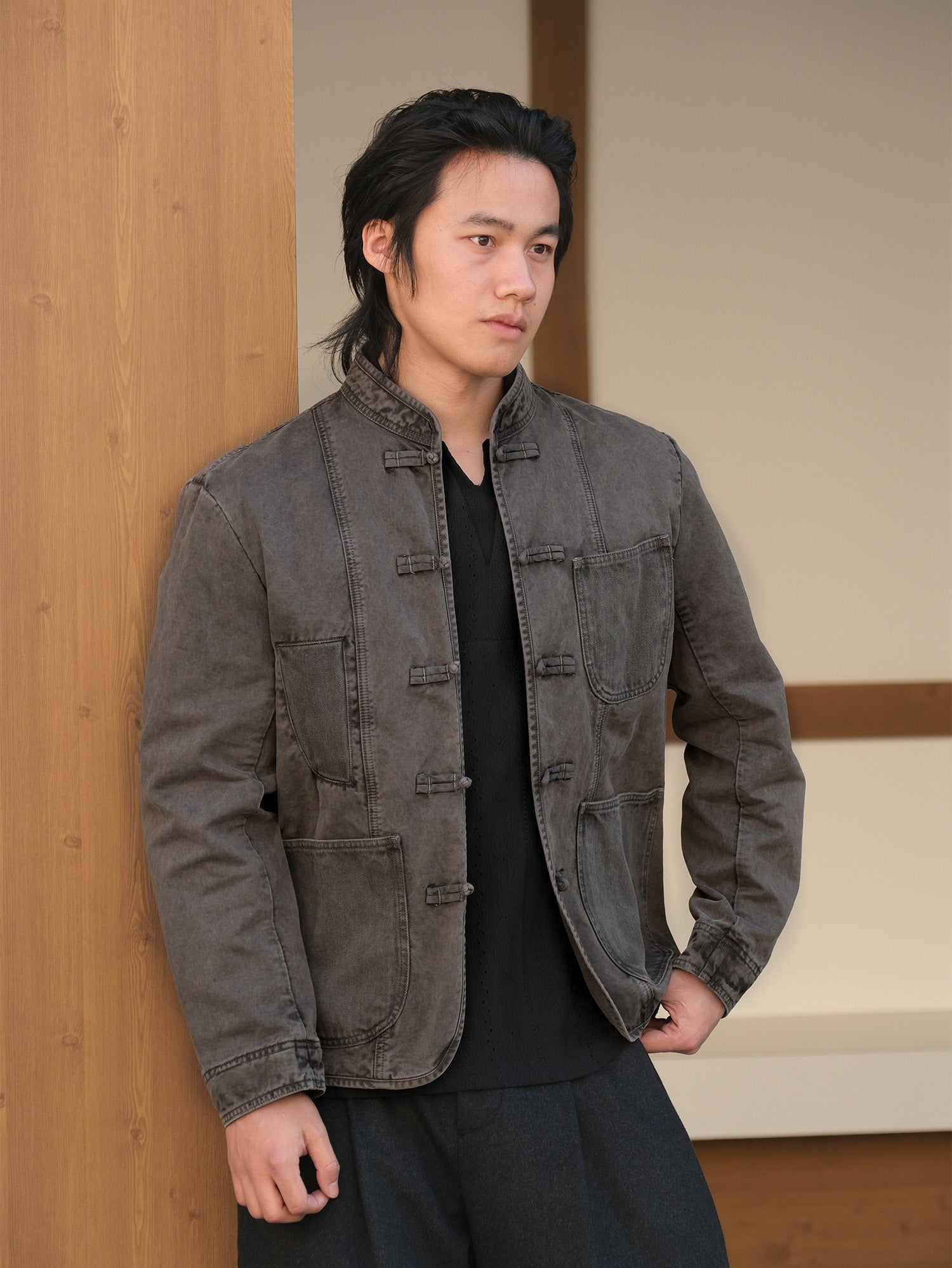 NEIGBORL Washed Frog-Closure Stand-Collar Jacket-Jacket-M-Dark Gray-Free Shipping Leatheretro