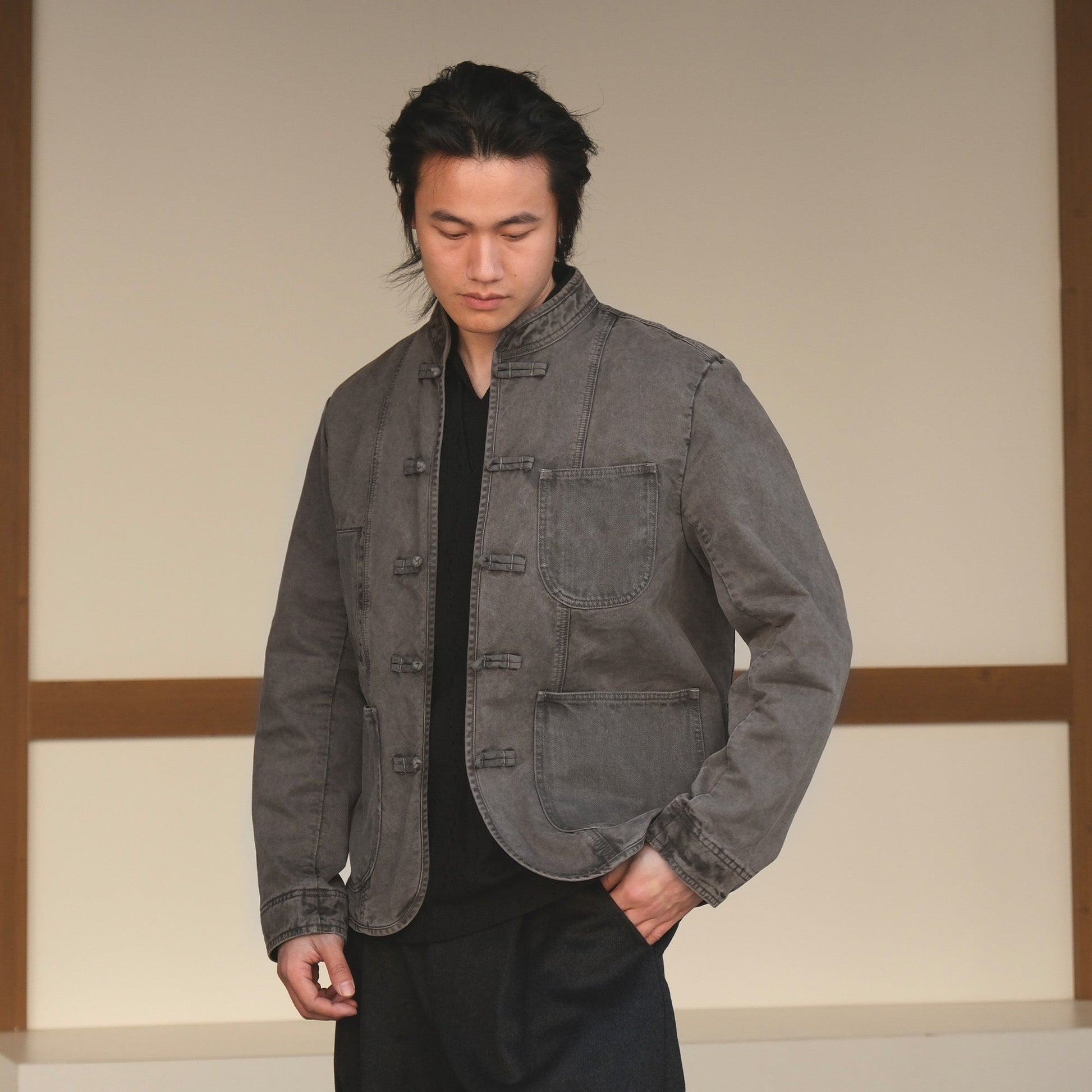 NEIGBORL Washed Frog-Closure Stand-Collar Jacket-Jacket-M-Dark Gray-Free Shipping Leatheretro