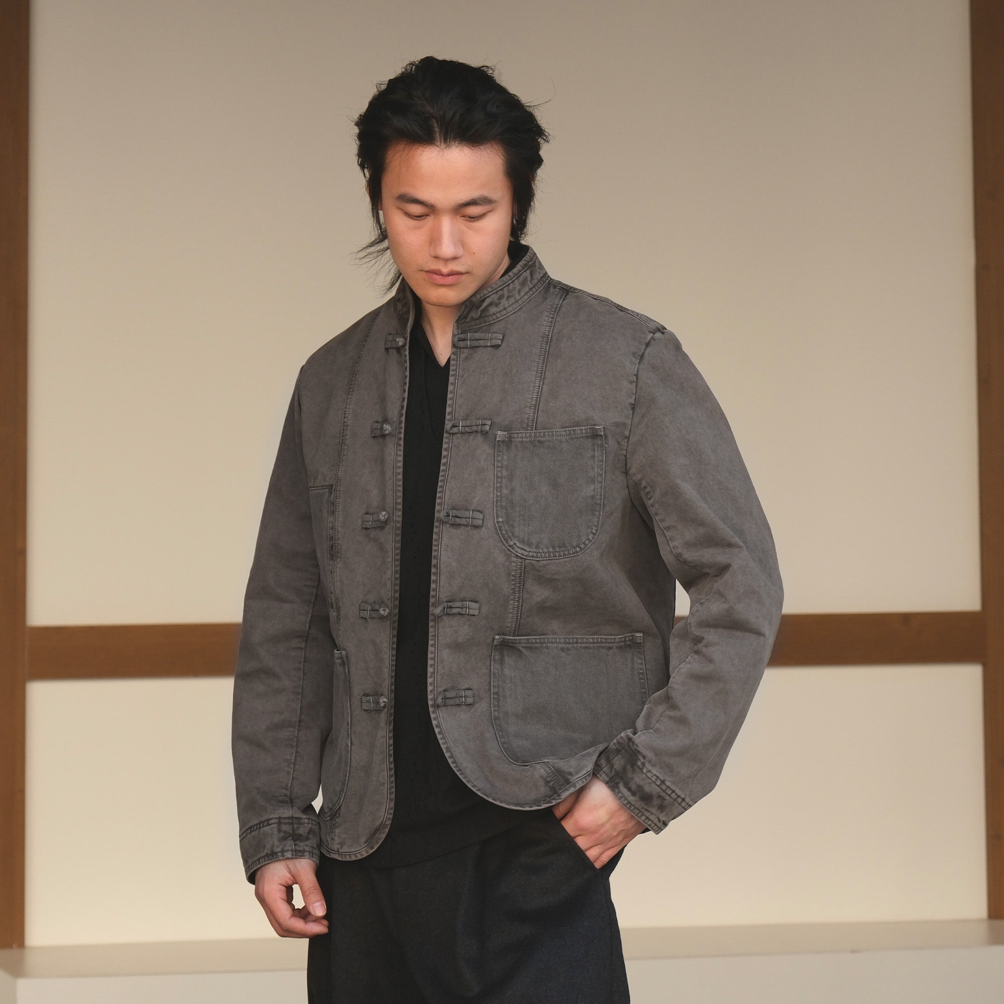 NEIGBORL Washed Frog-Closure Stand-Collar Jacket-Jacket-M-Dark Gray-Free Shipping Leatheretro