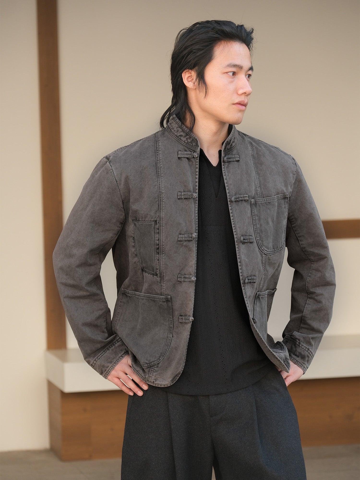 NEIGBORL Washed Frog-Closure Stand-Collar Jacket-Jacket-M-Dark Gray-Free Shipping Leatheretro