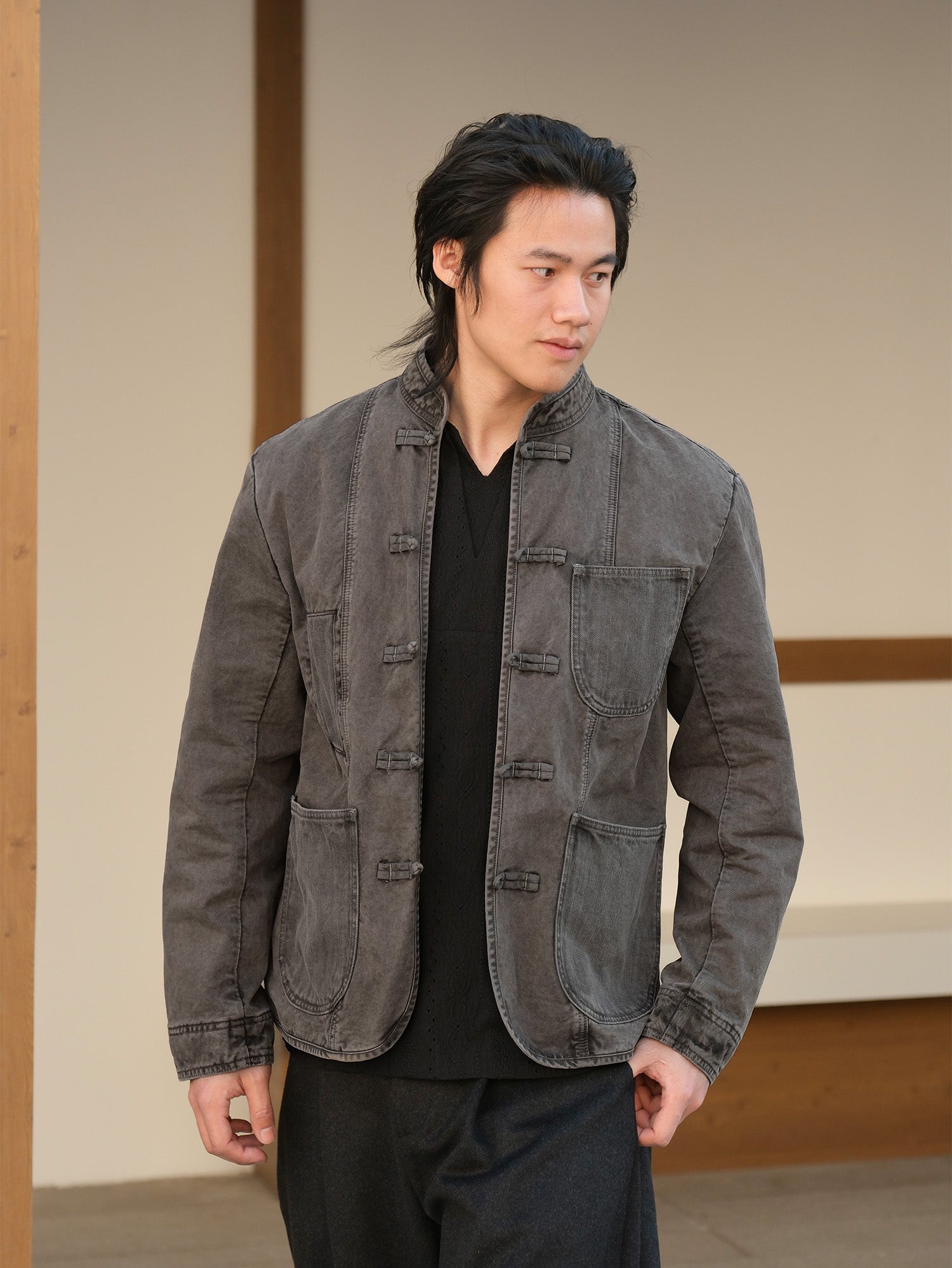 NEIGBORL Washed Frog-Closure Stand-Collar Jacket-Jacket-M-Dark Gray-Free Shipping Leatheretro
