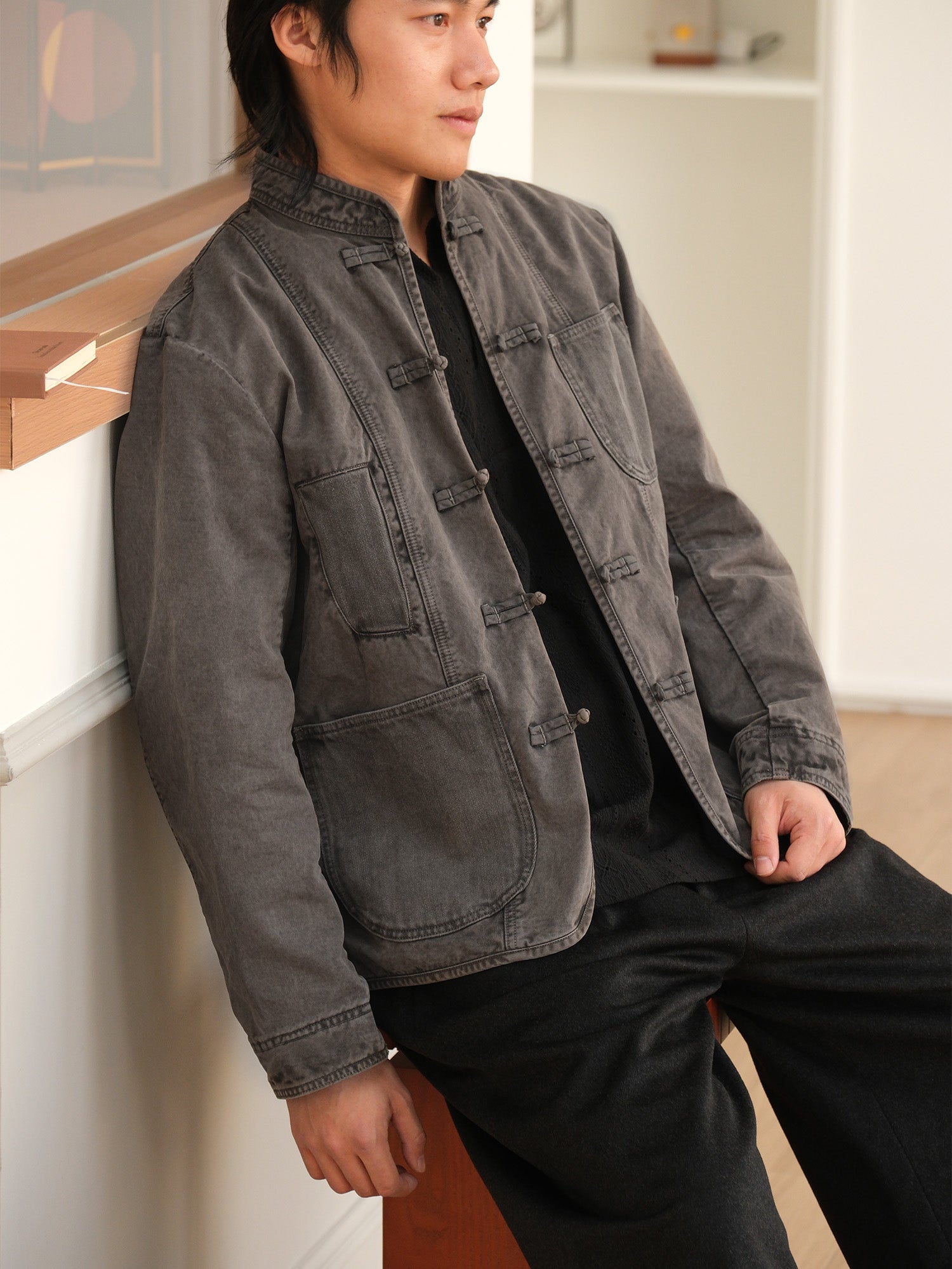 NEIGBORL Washed Frog-Closure Stand-Collar Jacket-Jacket-M-Dark Gray-Free Shipping Leatheretro