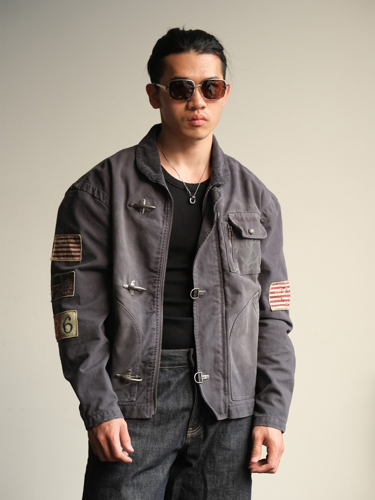 NEIGBORL Distressed Flight-Buckle Workwear Jacket-Jacket-S-Blue-Free Shipping Leatheretro