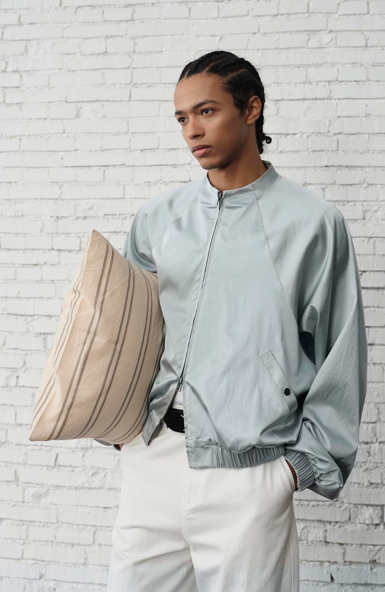 ORGANIC EMOTION Raglan-Sleeve Satin Zip Jacket-Jacket-S-Blue-Free Shipping Leatheretro