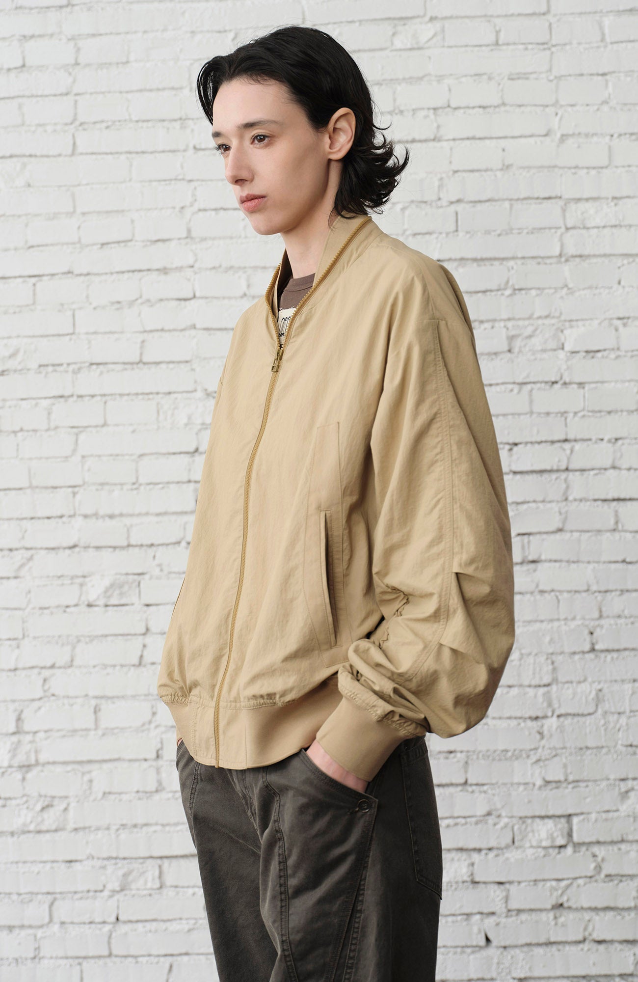 ORGANIC EMOTION Ruched-Sleeve Bomber Jacket-Jacket-M-Free Shipping Leatheretro