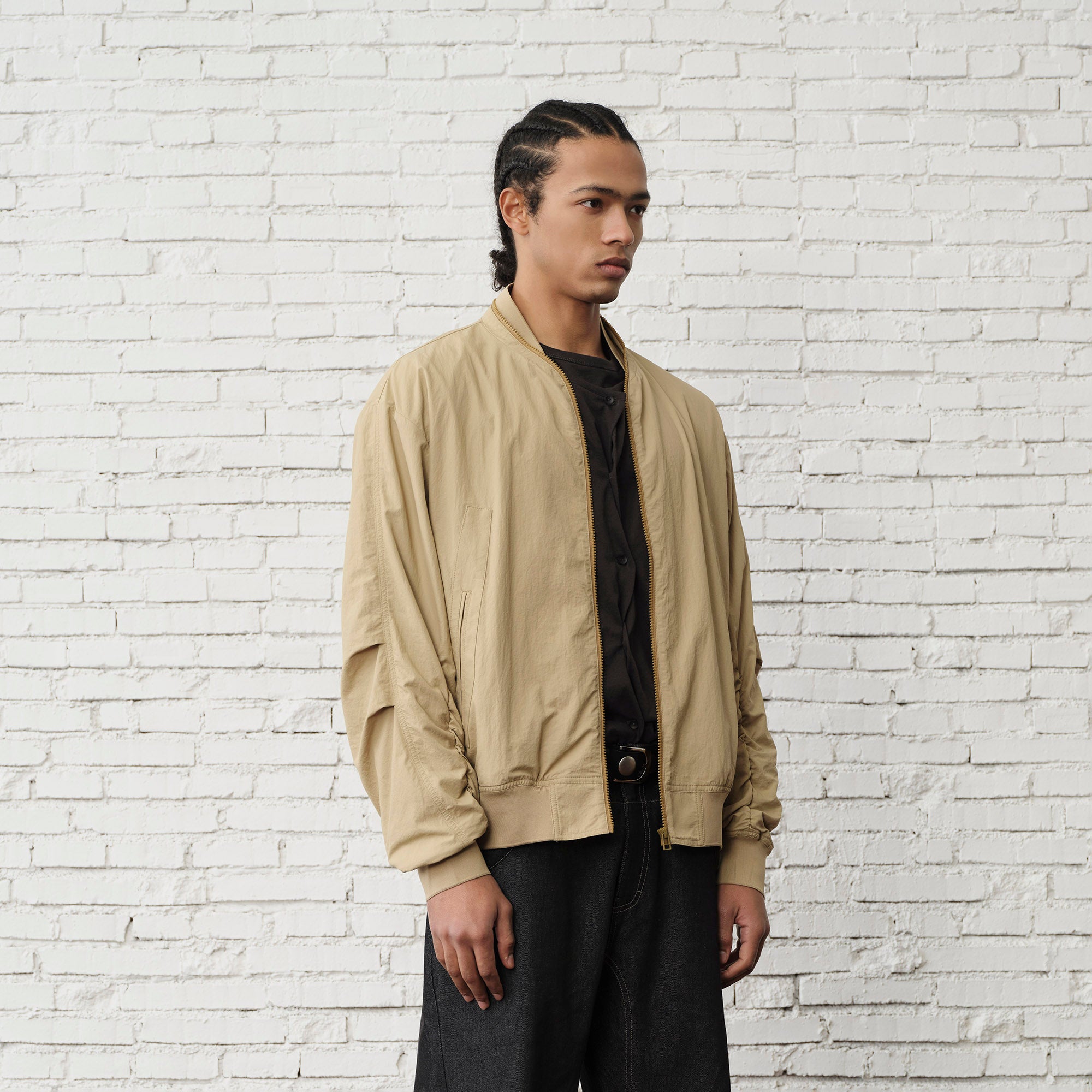 ORGANIC EMOTION Ruched-Sleeve Bomber Jacket-Jacket-M-Free Shipping Leatheretro