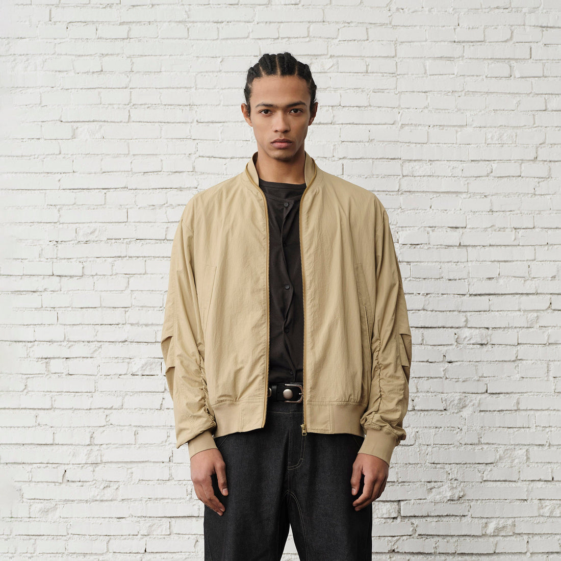 ORGANIC EMOTION Ruched-Sleeve Bomber Jacket-Jacket-M-Free Shipping Leatheretro