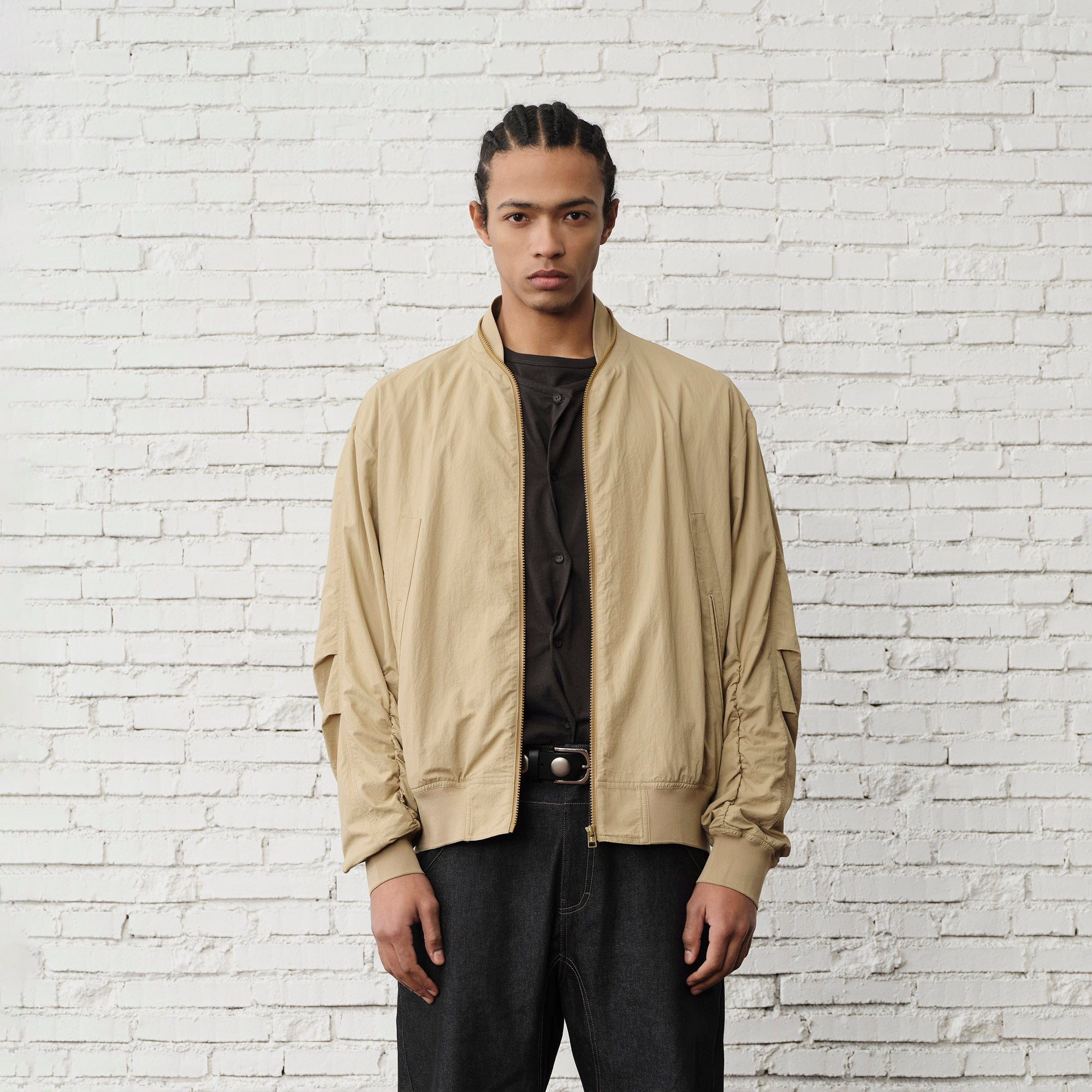 ORGANIC EMOTION Ruched-Sleeve Bomber Jacket-Jacket-M-Free Shipping Leatheretro