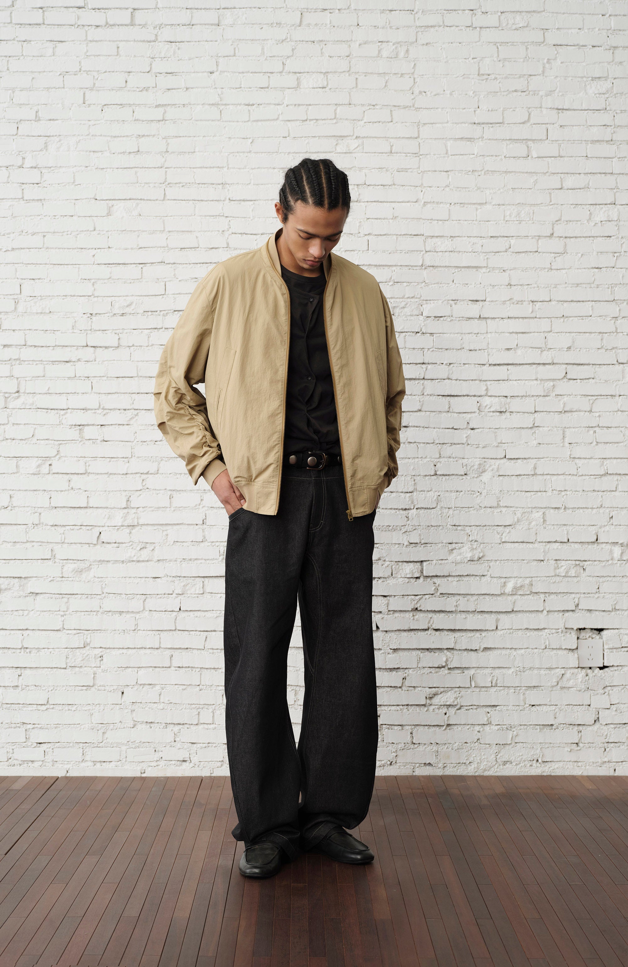 ORGANIC EMOTION Ruched-Sleeve Bomber Jacket-Jacket-M-Free Shipping Leatheretro