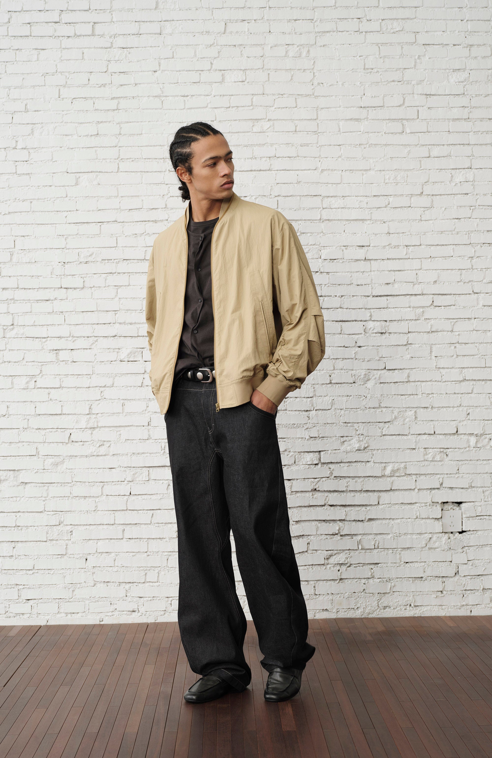 ORGANIC EMOTION Ruched-Sleeve Bomber Jacket-Jacket-M-Free Shipping Leatheretro