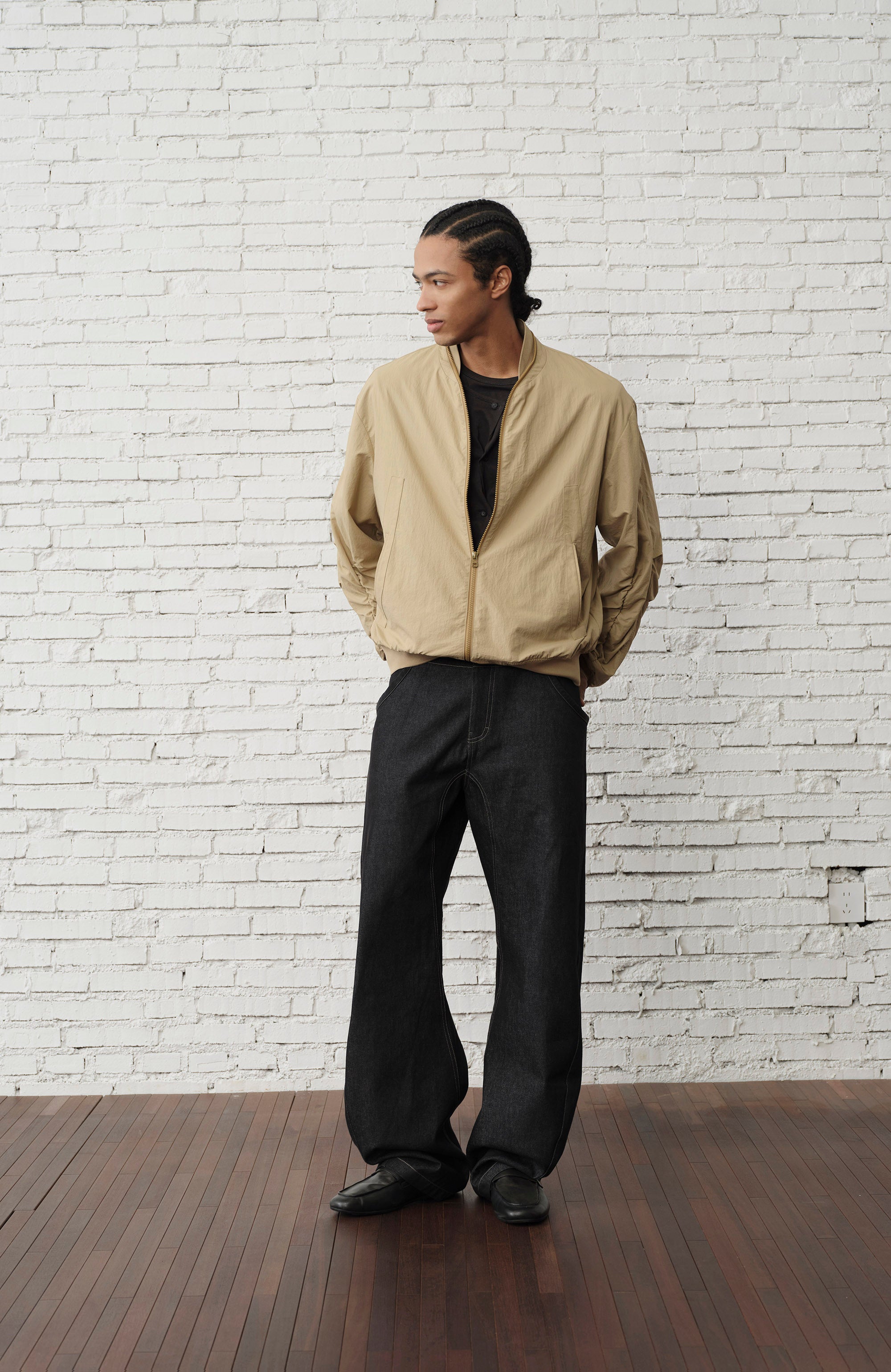 ORGANIC EMOTION Ruched-Sleeve Bomber Jacket-Jacket-M-Free Shipping Leatheretro
