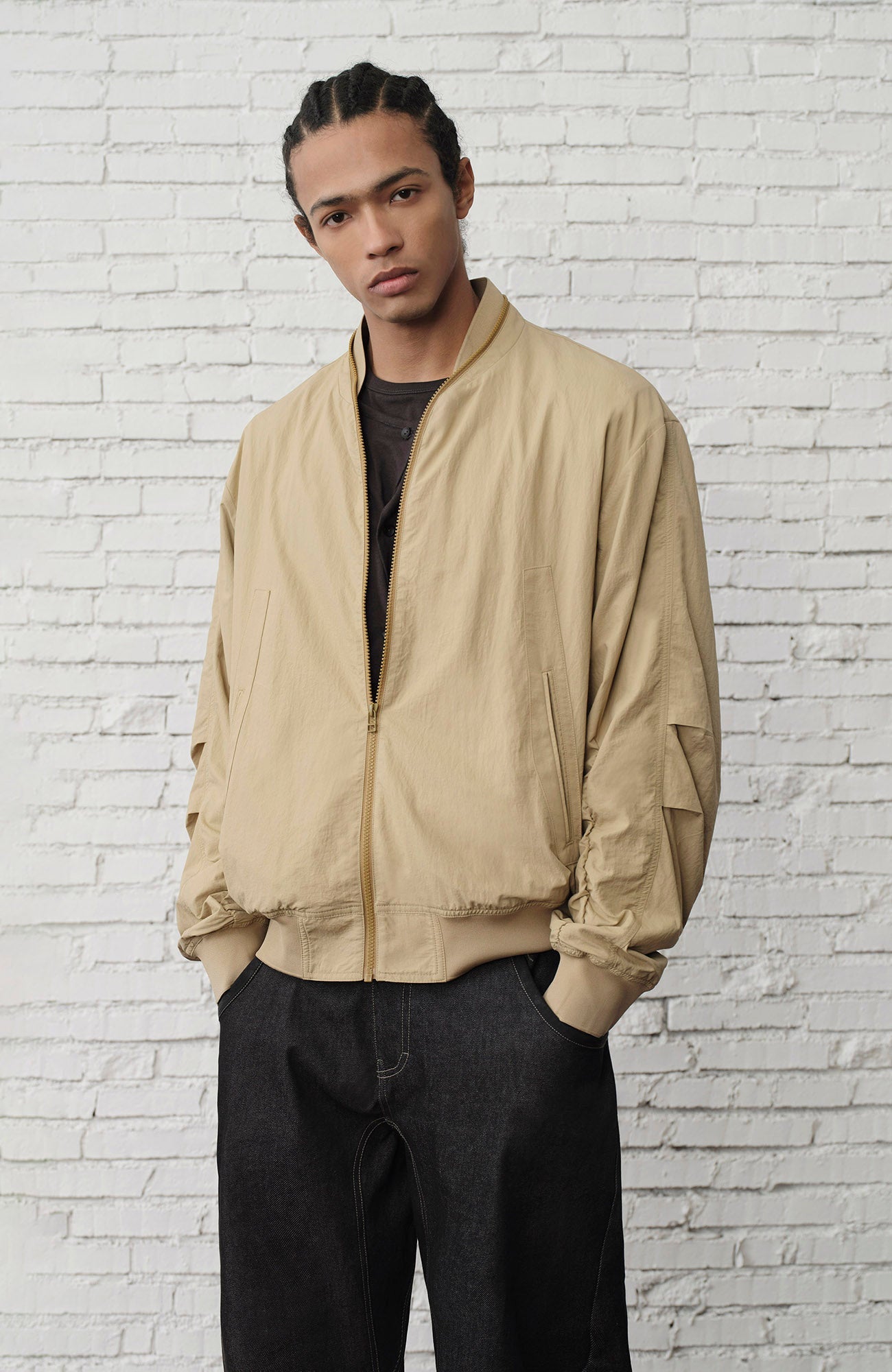 ORGANIC EMOTION Ruched-Sleeve Bomber Jacket-Jacket-M-Free Shipping Leatheretro