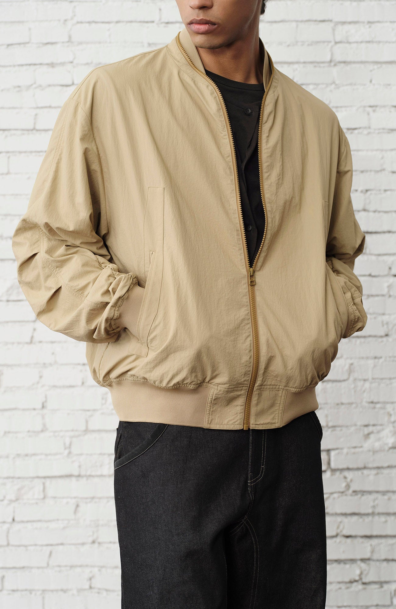 ORGANIC EMOTION Ruched-Sleeve Bomber Jacket-Jacket-M-Free Shipping Leatheretro