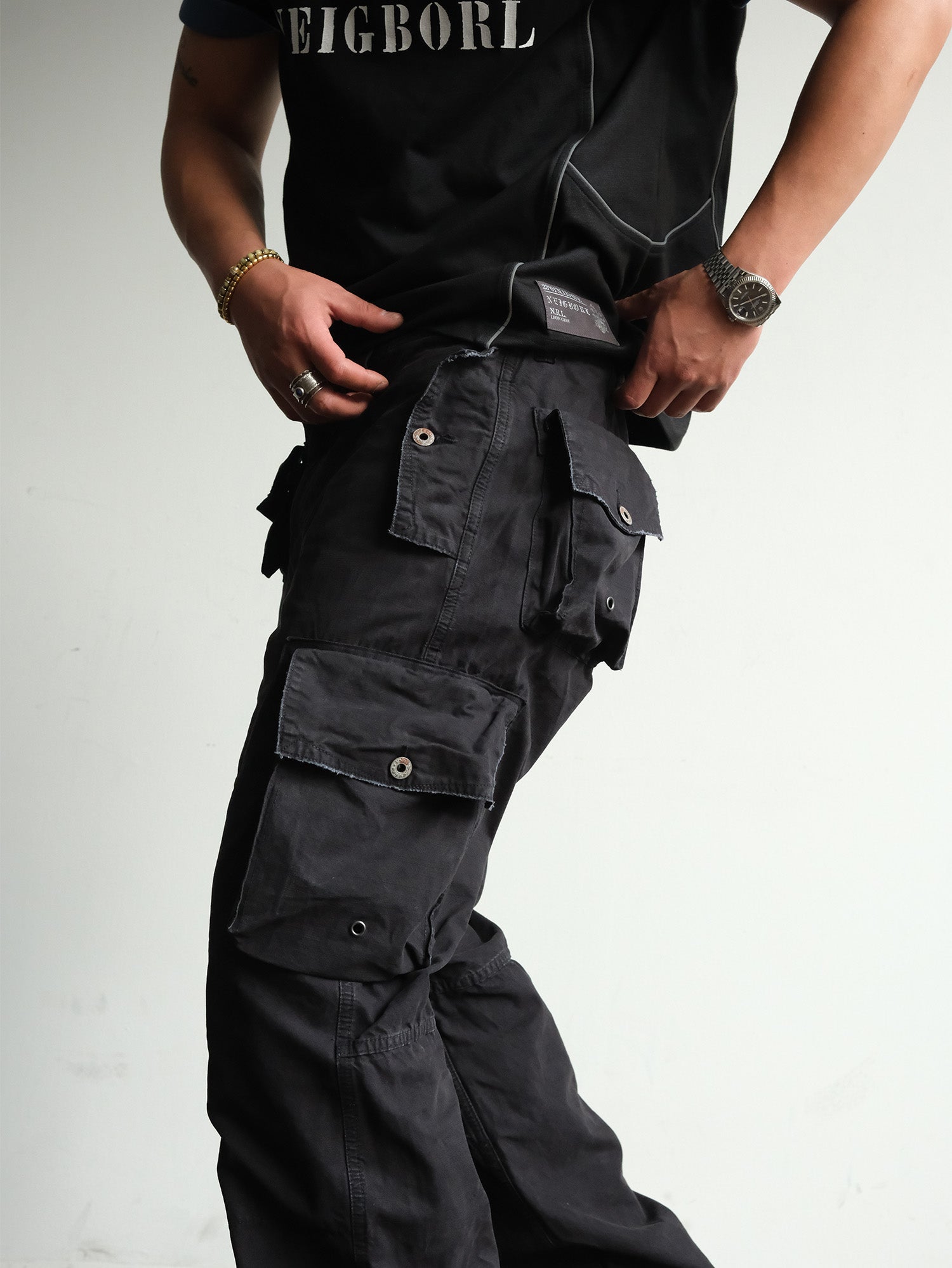 NEIGBORL Washed Distressed Multi-Pocket Cargo Pants-Pants-S-Black-Free Shipping Leatheretro