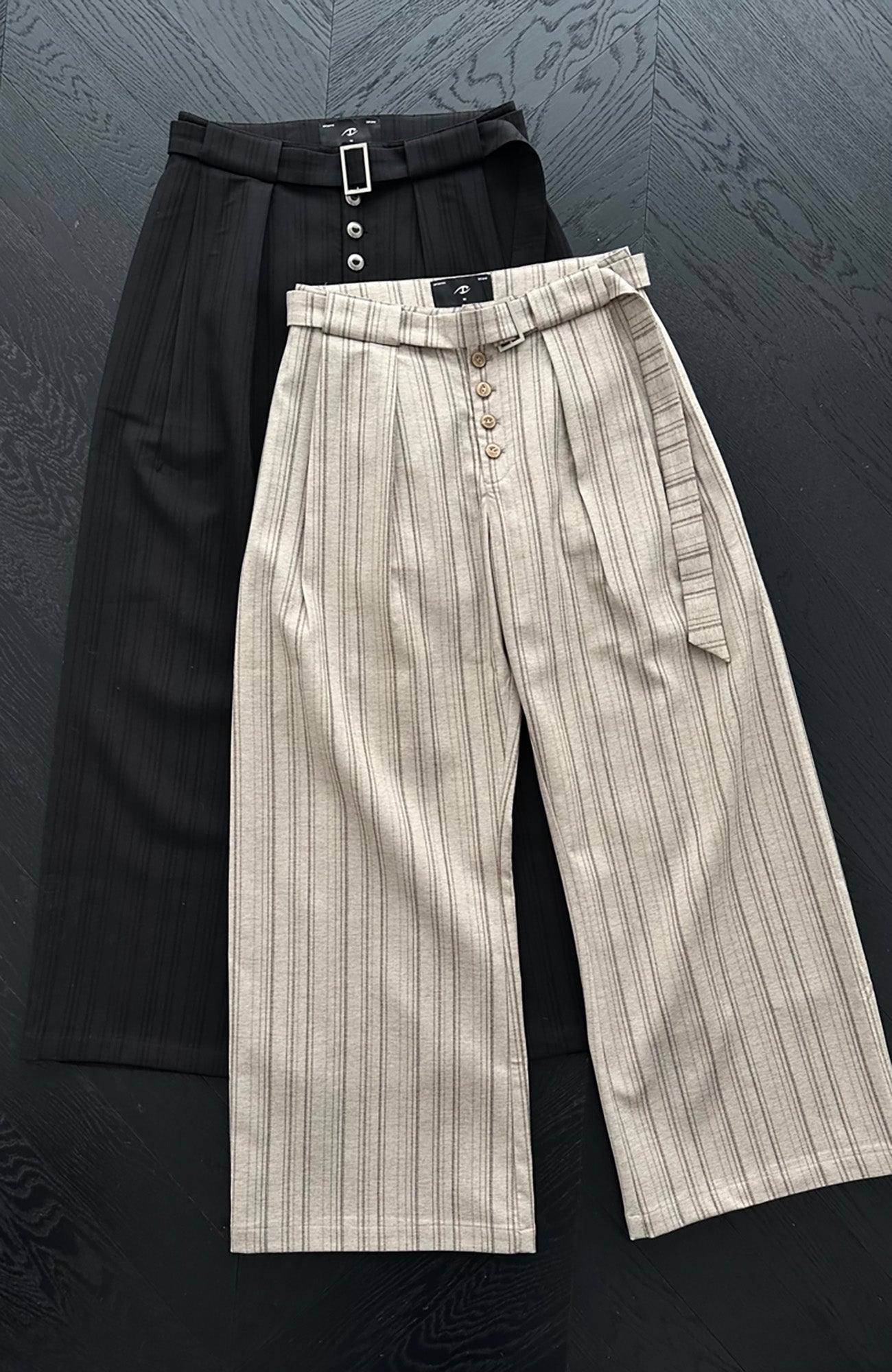 CATSSTAC Button-Closure Striped Double-Pleat Trousers-Pants-M-Khaki-Free Shipping Leatheretro