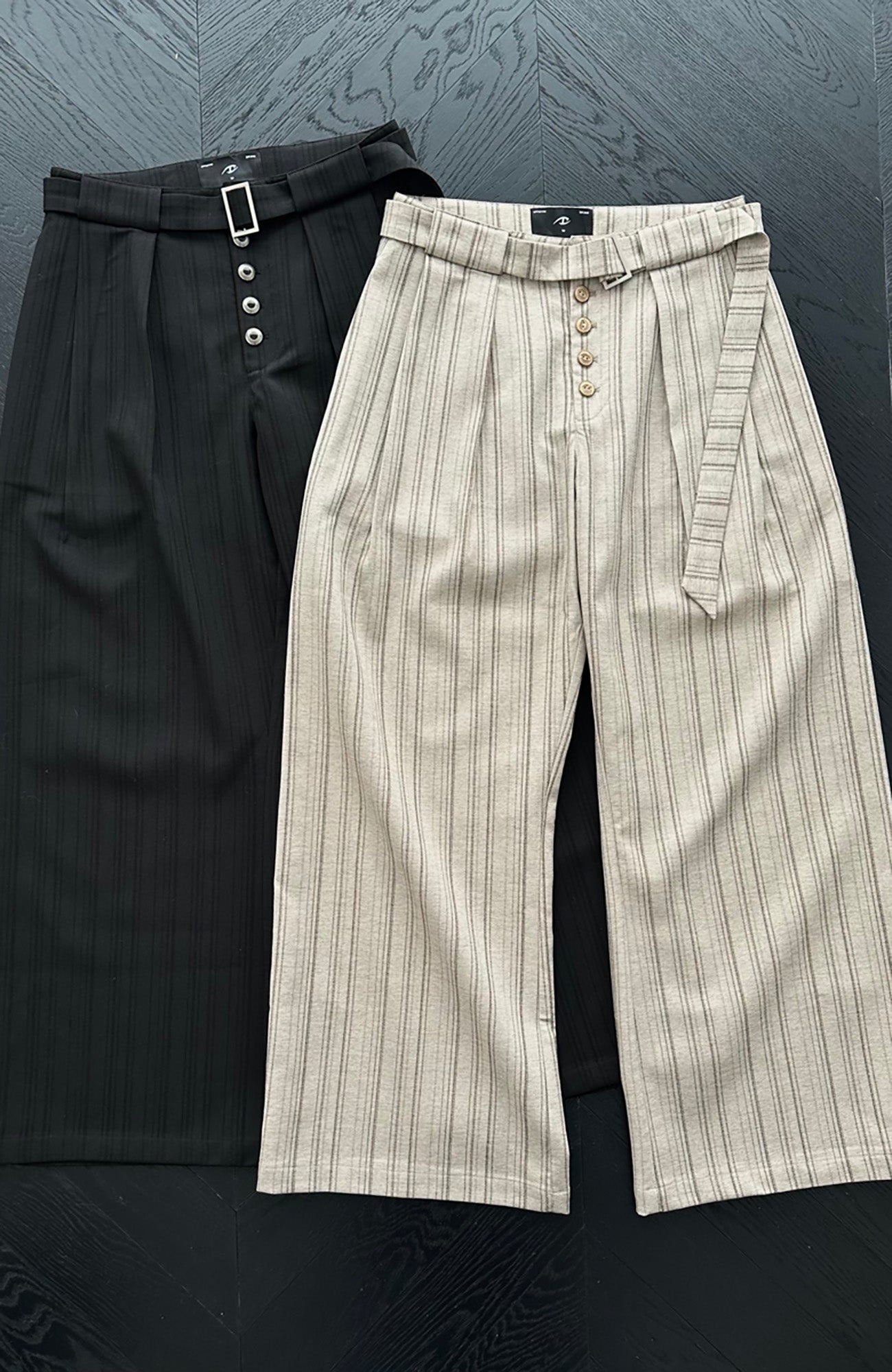 CATSSTAC Button-Closure Striped Double-Pleat Trousers-Pants-M-Khaki-Free Shipping Leatheretro