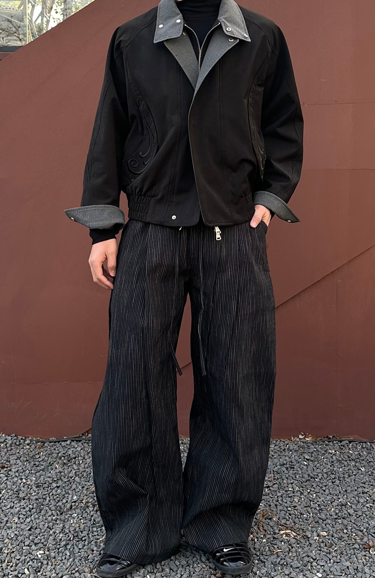 CATSSTAC Striped Double-Pleat Trousers-Pants-M-Black-Free Shipping Leatheretro