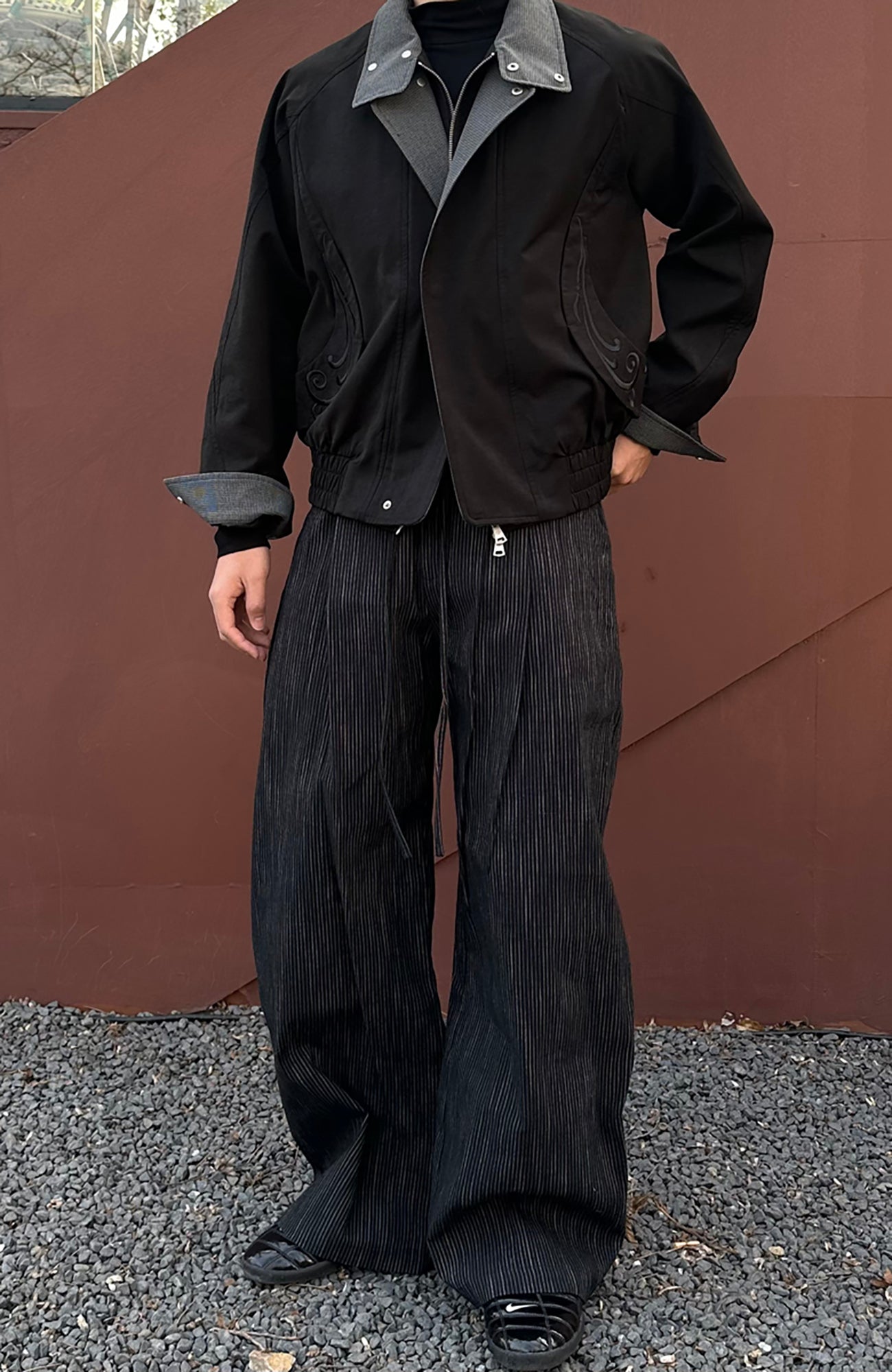 CATSSTAC Striped Double-Pleat Trousers-Pants-M-Black-Free Shipping Leatheretro