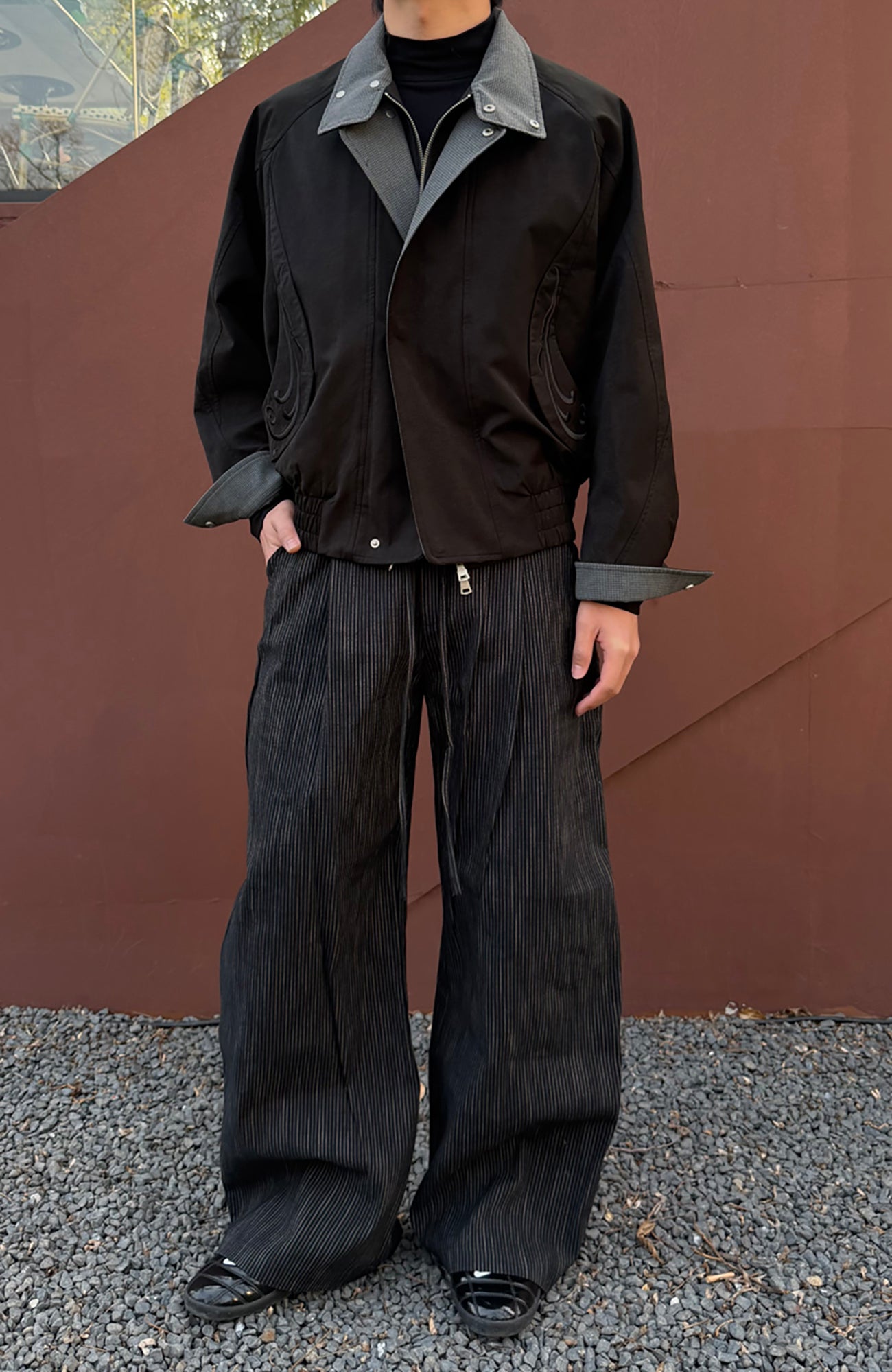 CATSSTAC Striped Double-Pleat Trousers-Pants-M-Black-Free Shipping Leatheretro