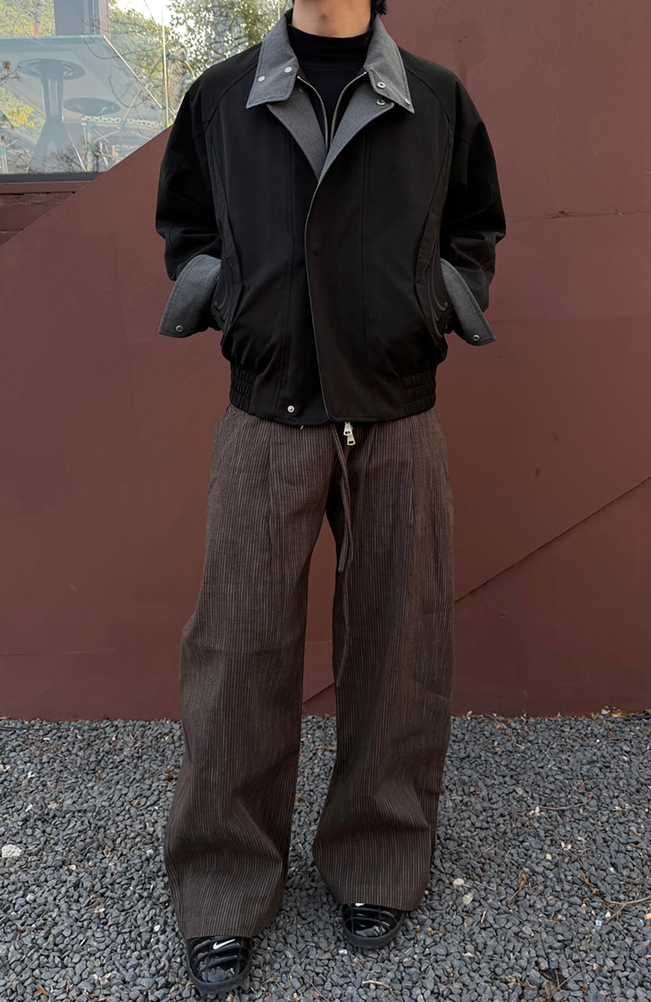 CATSSTAC Striped Double-Pleat Trousers-Pants-M-Black-Free Shipping Leatheretro