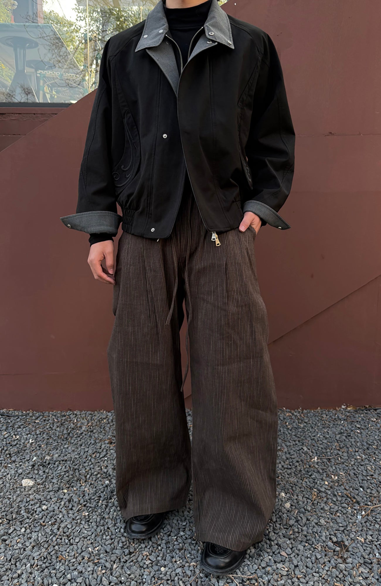 CATSSTAC Striped Double-Pleat Trousers-Pants-M-Black-Free Shipping Leatheretro