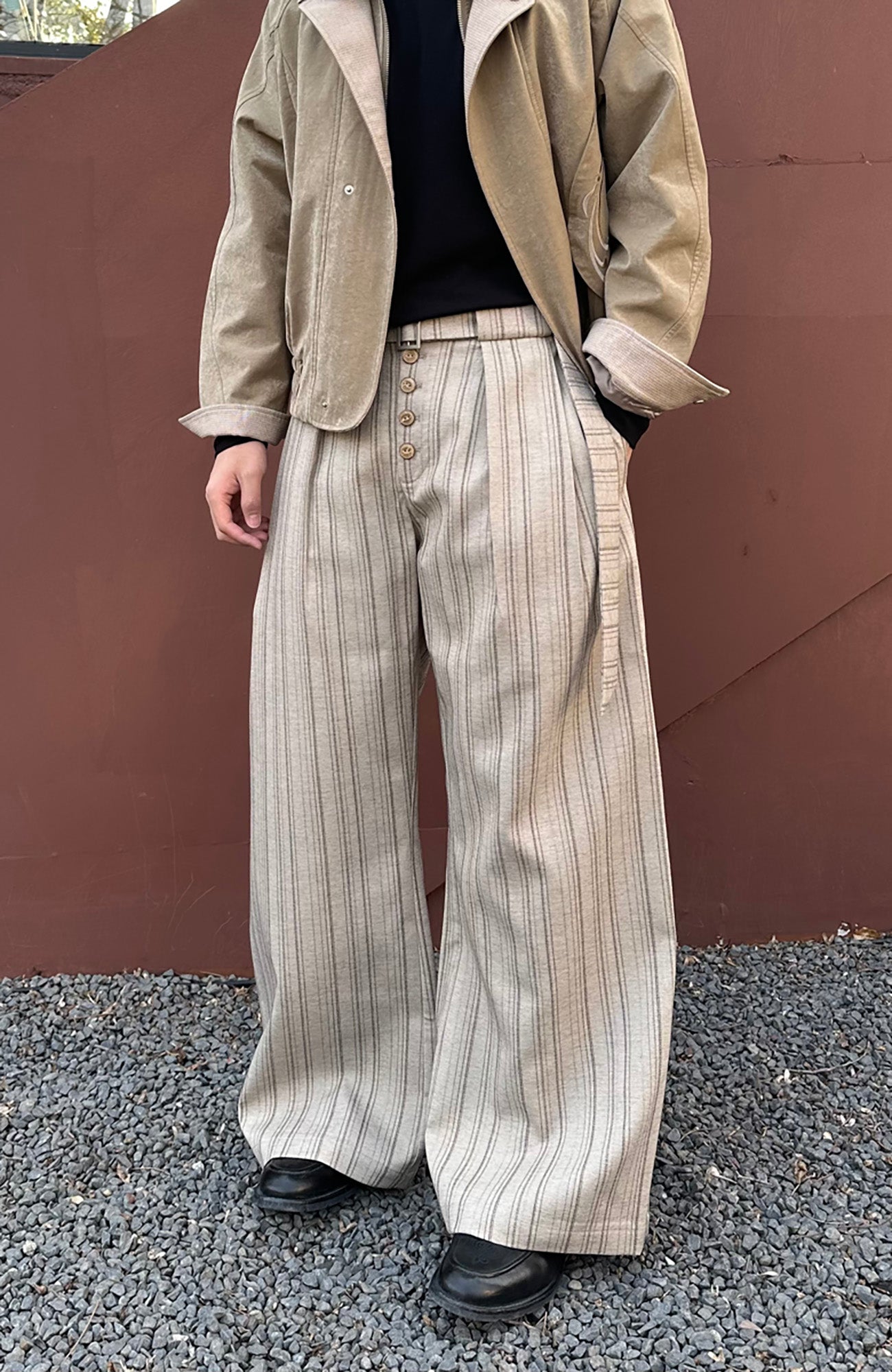 CATSSTAC Button-Closure Striped Double-Pleat Trousers-Pants-M-Khaki-Free Shipping Leatheretro