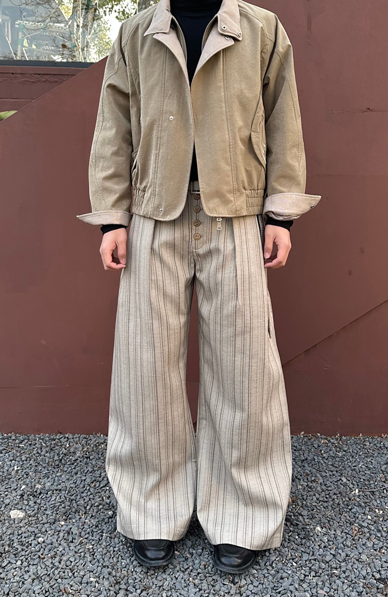 CATSSTAC Button-Closure Striped Double-Pleat Trousers-Pants-M-Khaki-Free Shipping Leatheretro