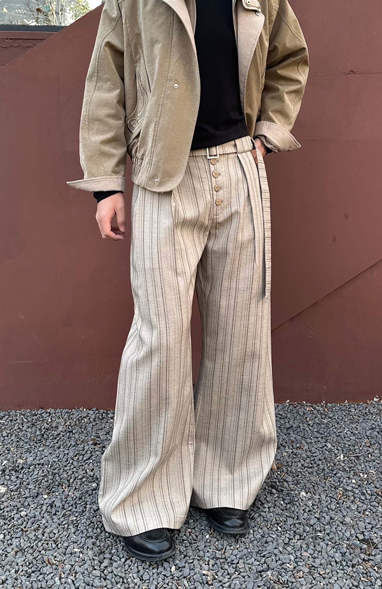 CATSSTAC Button-Closure Striped Double-Pleat Trousers-Pants-M-Khaki-Free Shipping Leatheretro