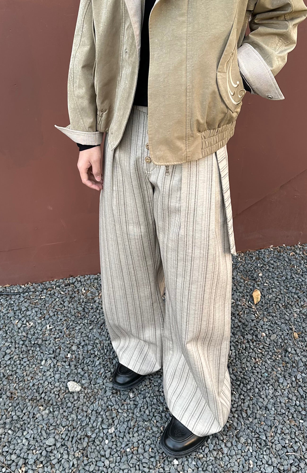 CATSSTAC Button-Closure Striped Double-Pleat Trousers-Pants-M-Khaki-Free Shipping Leatheretro