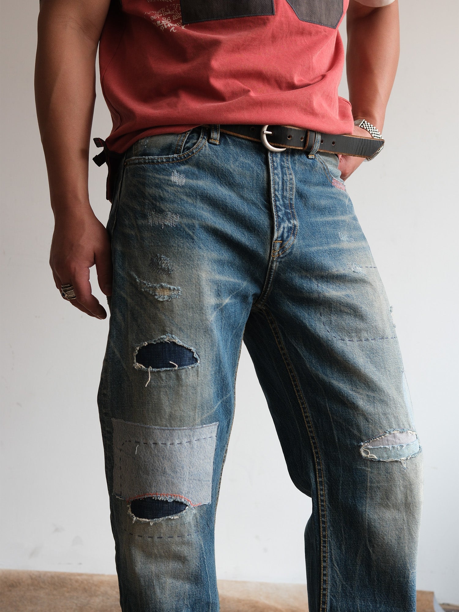 NEIGBORL Retro Washed Patch Distressed Jeans-Jeans-XS-Free Shipping Leatheretro