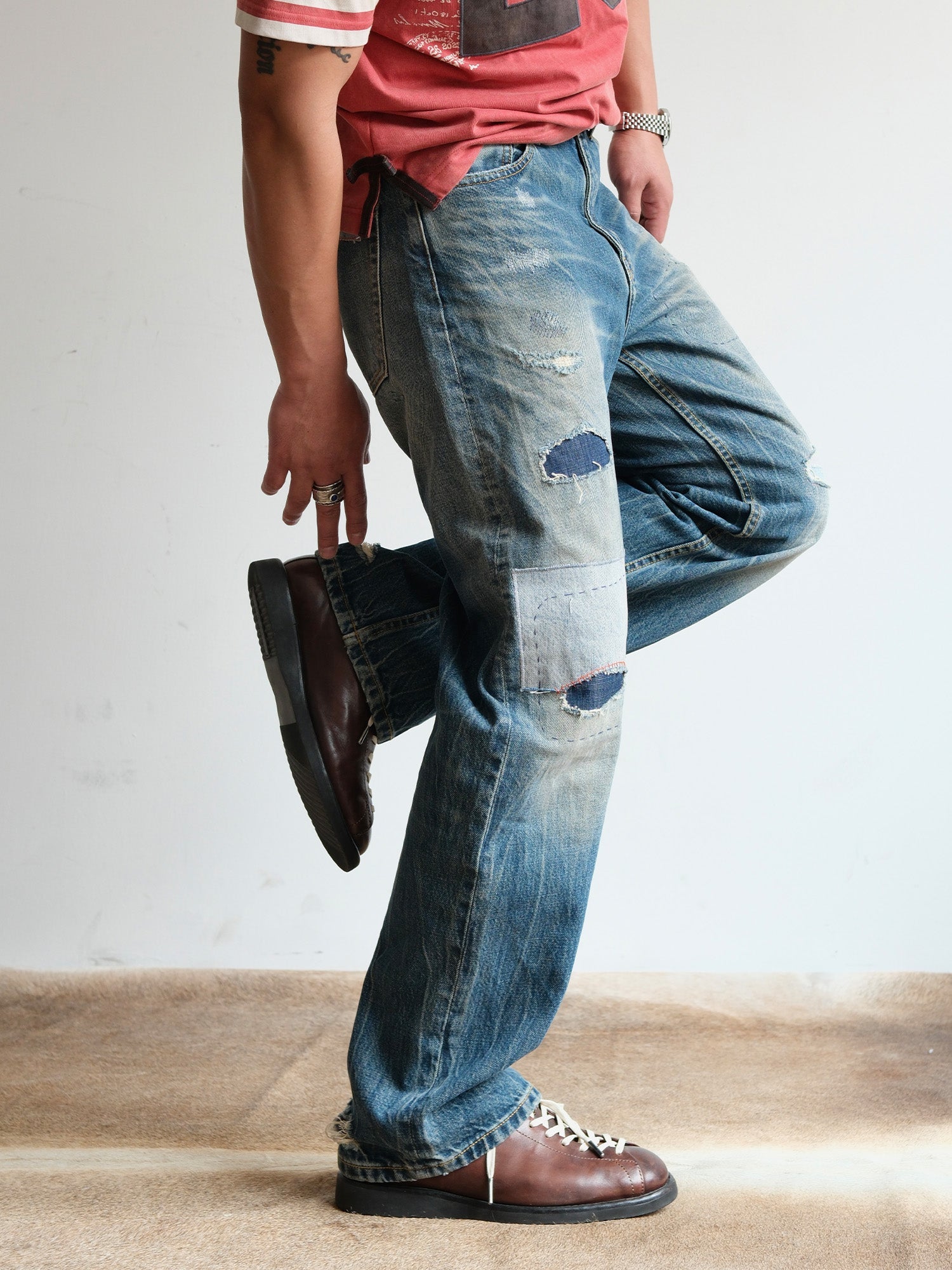 NEIGBORL Retro Washed Patch Distressed Jeans-Jeans-XS-Free Shipping Leatheretro
