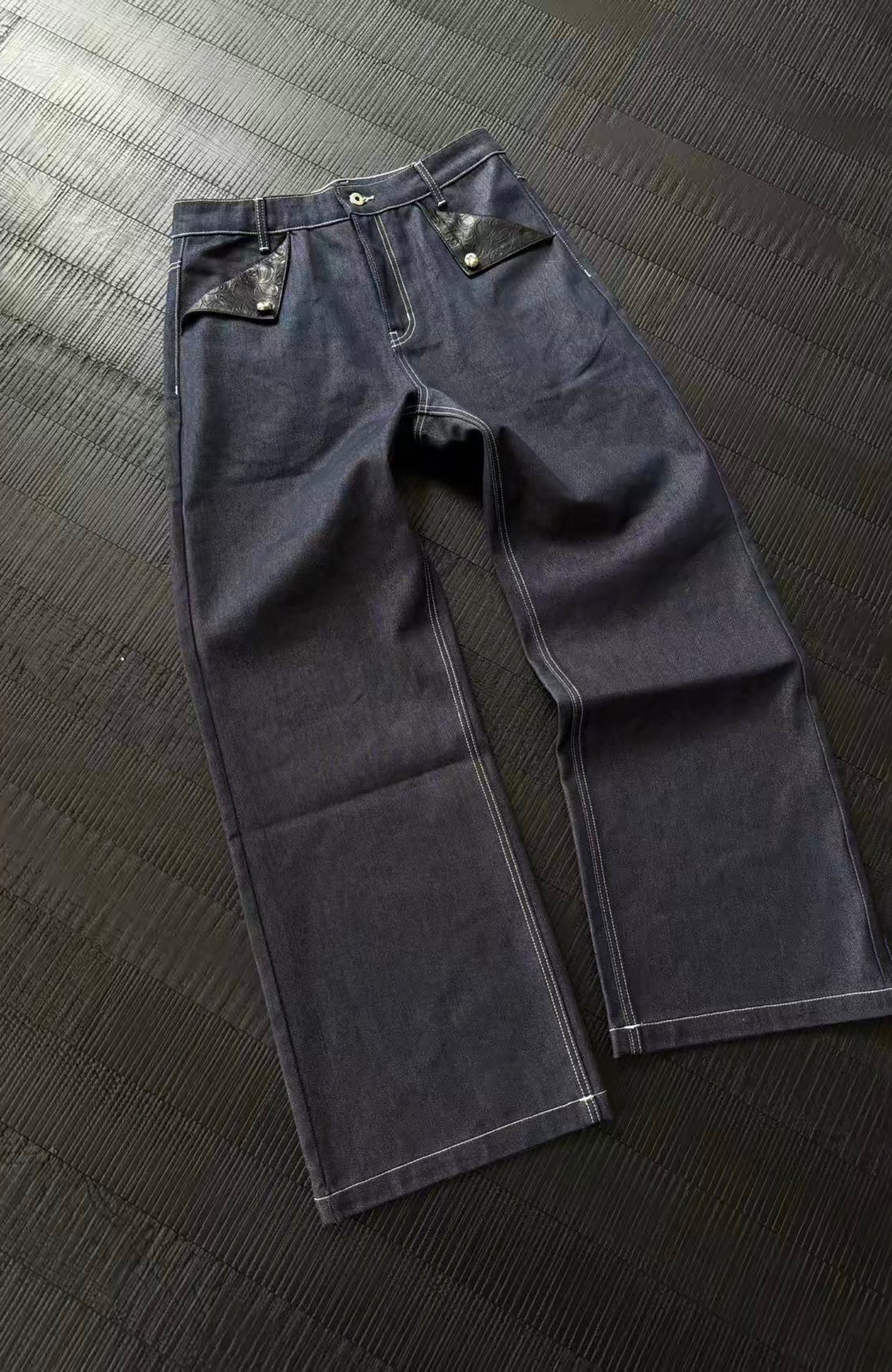 KREATE Raw PU-Paneled Flare Denim-Jeans-S (Preorder)-Free Shipping Leatheretro