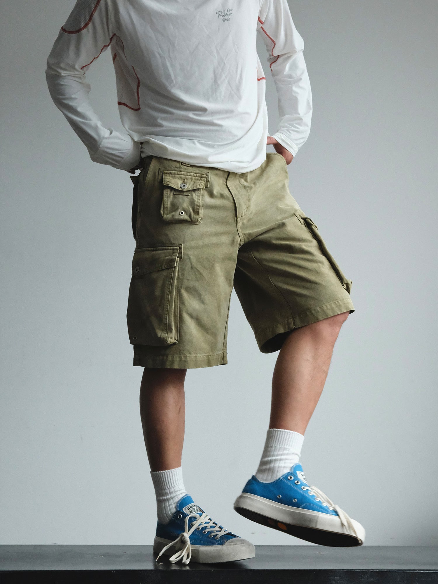 NEIGBORL Washed Sulfur-Dyed Multi-Pocket Cargo Shorts-Shorts-S-Green-Free Shipping Leatheretro