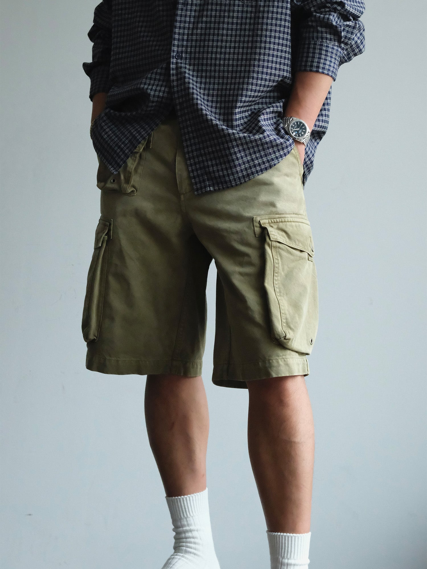 NEIGBORL Washed Sulfur-Dyed Multi-Pocket Cargo Shorts-Shorts-S-Green-Free Shipping Leatheretro