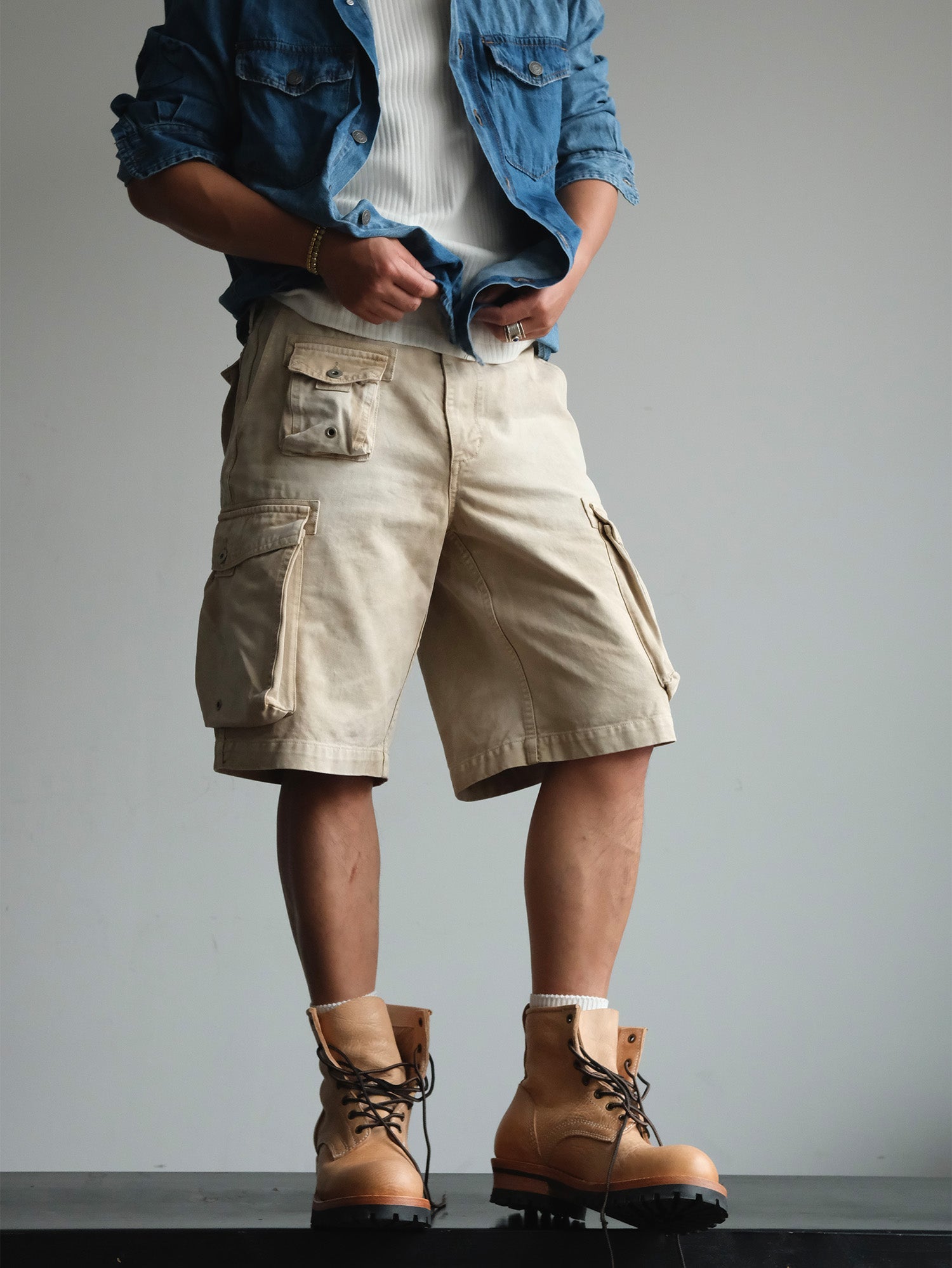 NEIGBORL Washed Sulfur-Dyed Multi-Pocket Cargo Shorts-Shorts-S-Green-Free Shipping Leatheretro